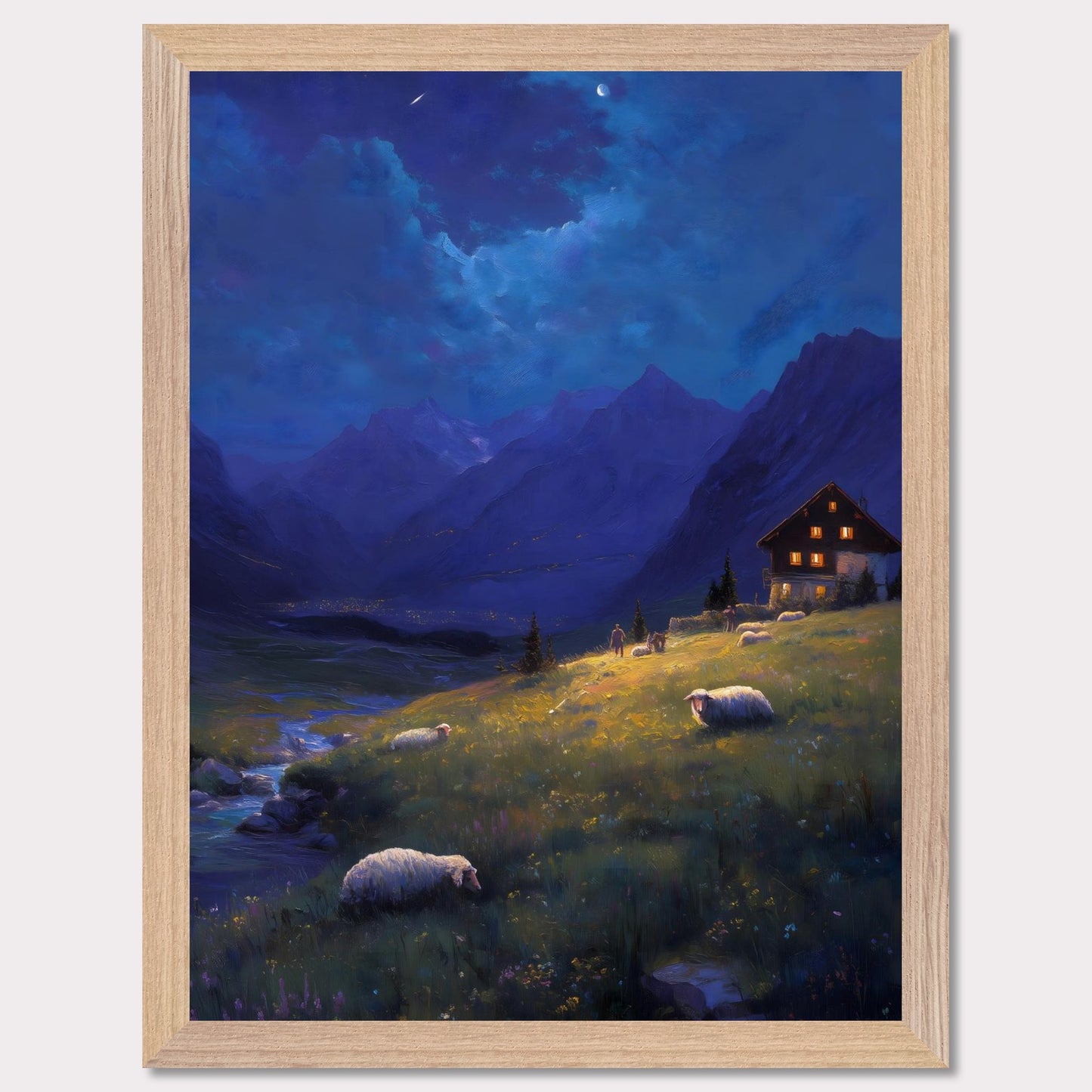 As night falls over the valley, warm lights glow from a mountain cabin, guiding the shepherd and his sheep. Above, stars begin to shimmer and the crescent moon watches from afar. A peaceful twilight symphony of solitude, nature, and quiet warmth.