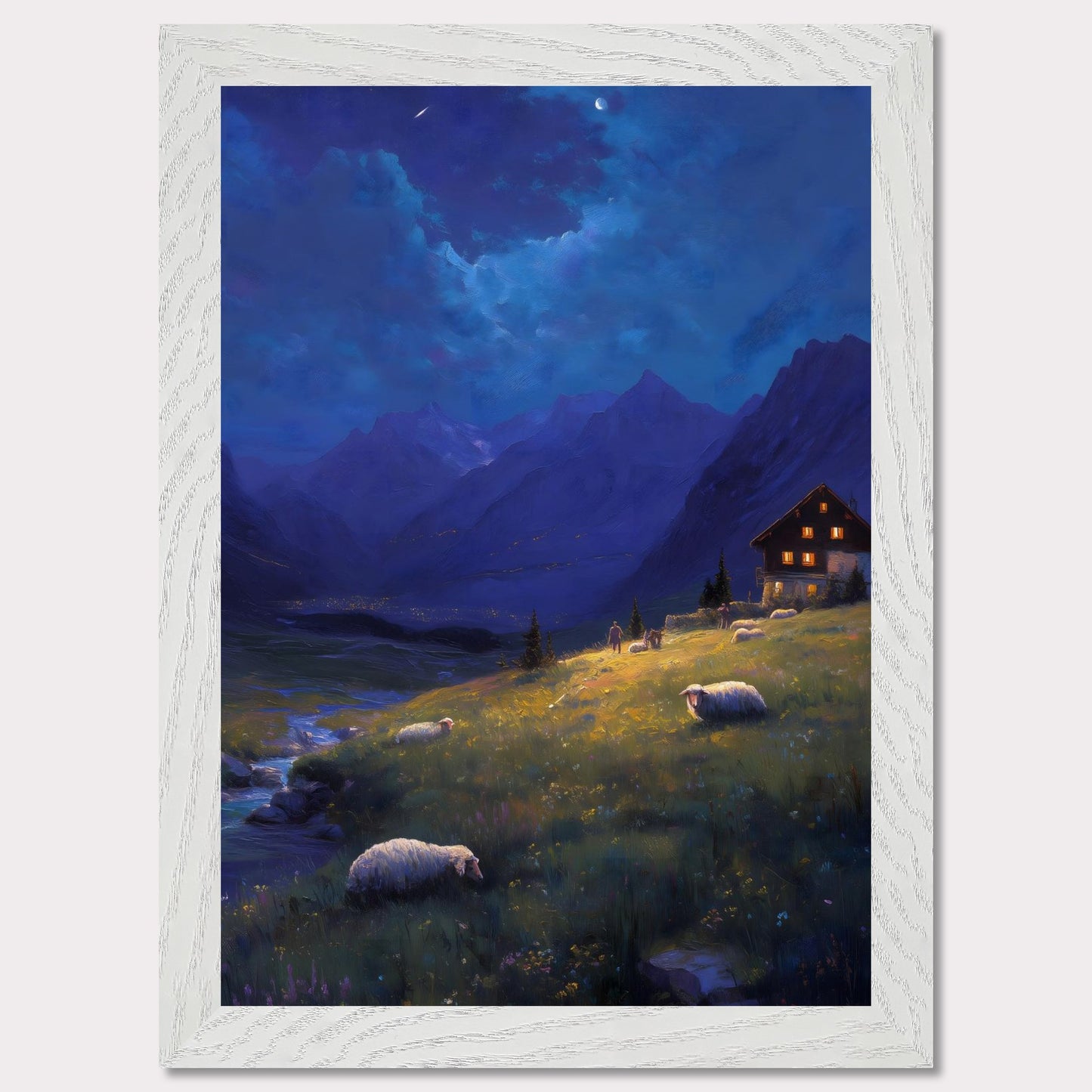 As night falls over the valley, warm lights glow from a mountain cabin, guiding the shepherd and his sheep. Above, stars begin to shimmer and the crescent moon watches from afar. A peaceful twilight symphony of solitude, nature, and quiet warmth.
