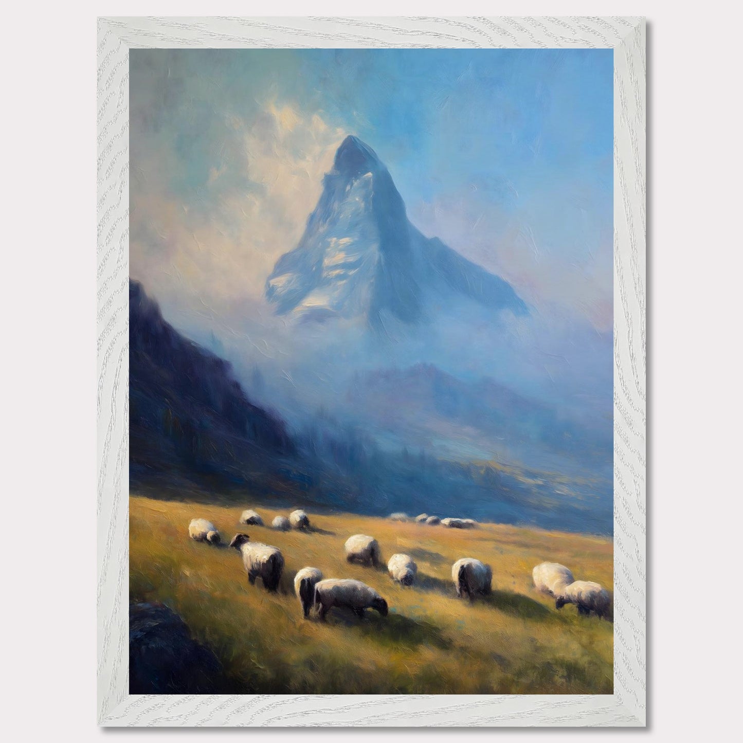 A flock grazes in soft alpine grass as the blue-shadowed Matterhorn rises beyond. Mist curls through the valley’s hush. This image is a gentle morning, an ode to scale, quiet, and presence.