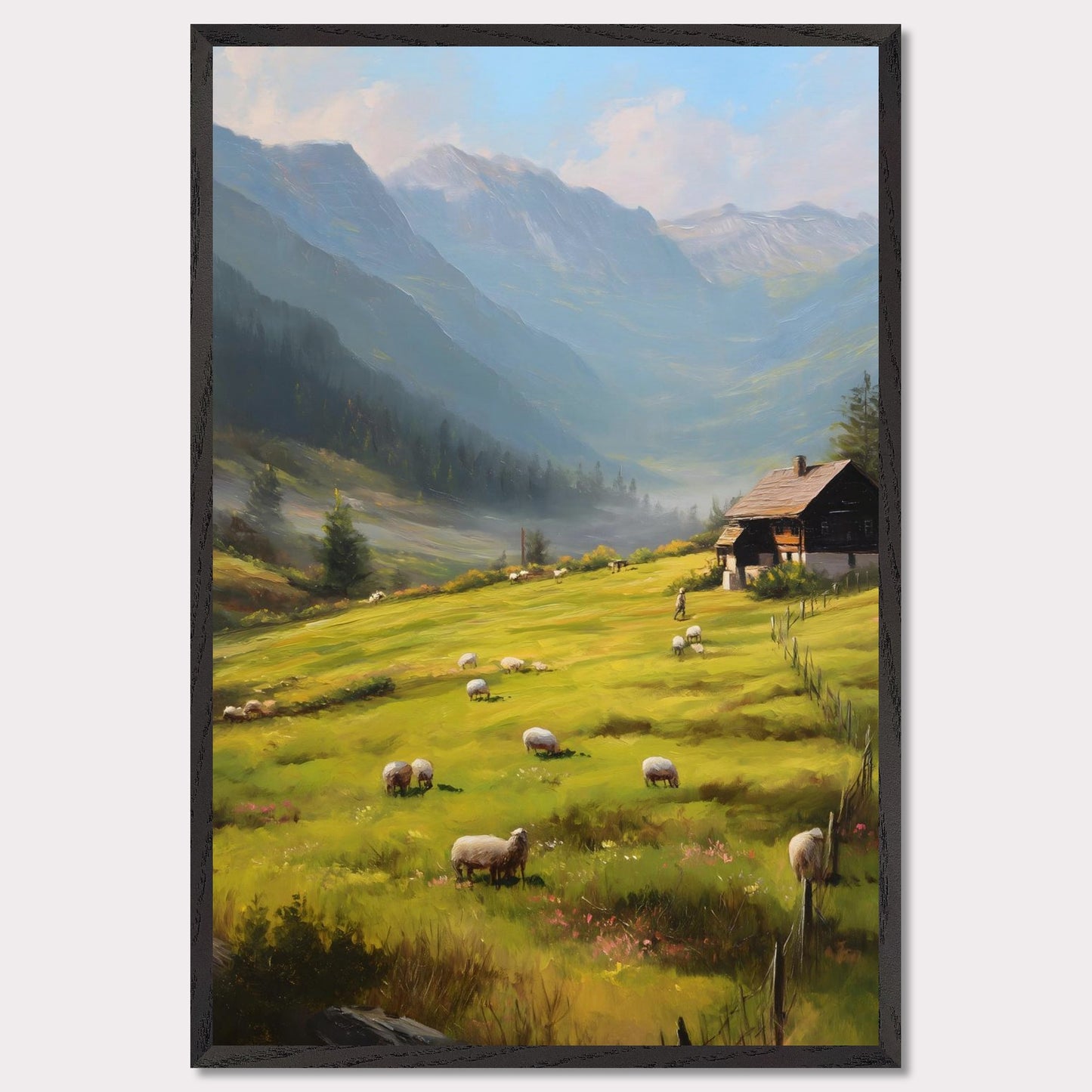 Golden morning light washes over rolling fields as sheep wander freely. A traditional alpine house stands quietly, facing the rising mist among distant peaks. This is the beginning of a calm, purposeful day in the heart of the Alps.