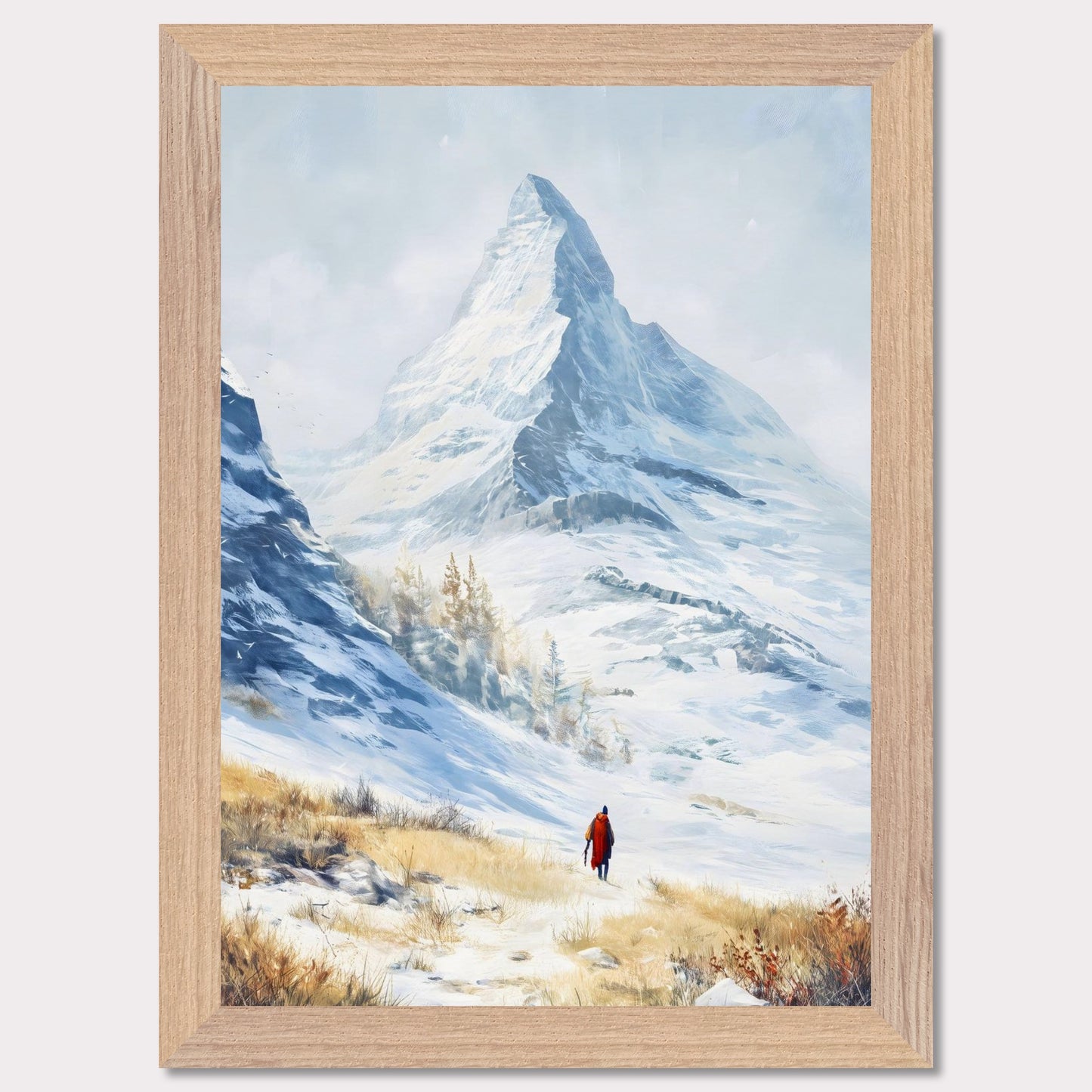 A solitary traveler in red walks toward a towering alpine peak, its icy edges kissed by winter sun. The snow-laced slope opens to a vast, crystalline silence, where motion feels reverent. This image captures the awe of ascent — a tribute to scale, solitude, and stillness.