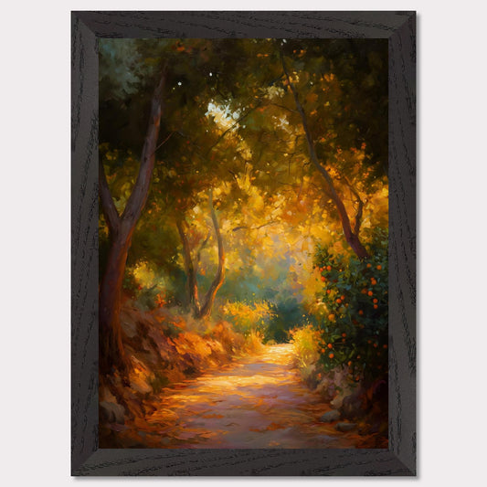 Golden leaves and oranges glow in a forested bend, where light pours through branches onto a dusty path. The trees seem to lean in to listen. This image is a slow walk, an ode to scent, light, and memory.