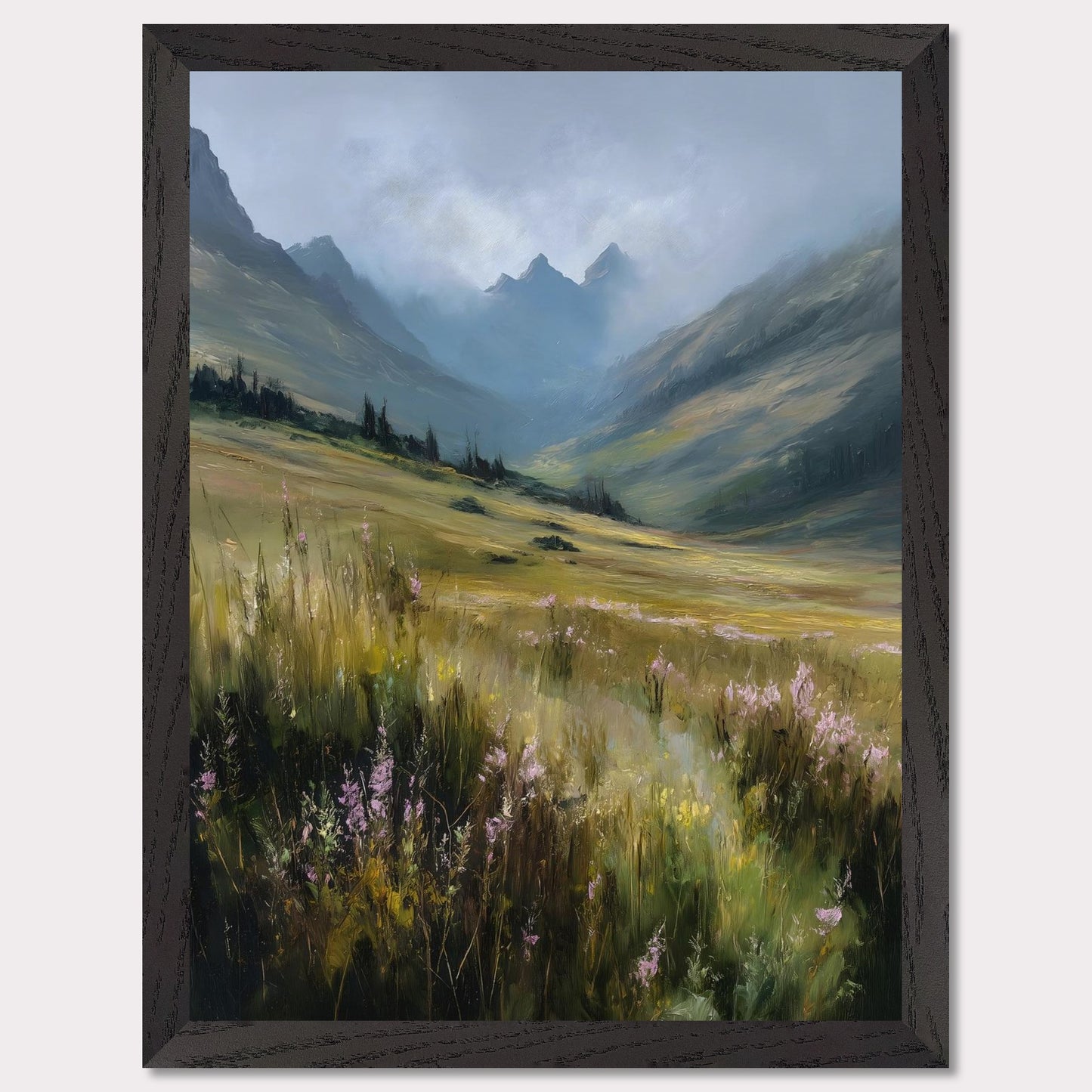 A field of tall alpine grass and soft purple blooms unfolds into misty blue peaks. There's no sign of movement, only the gentle hush of nature breathing. The scene is vast, untamed, and filled with the quiet promise of summer in the highlands.