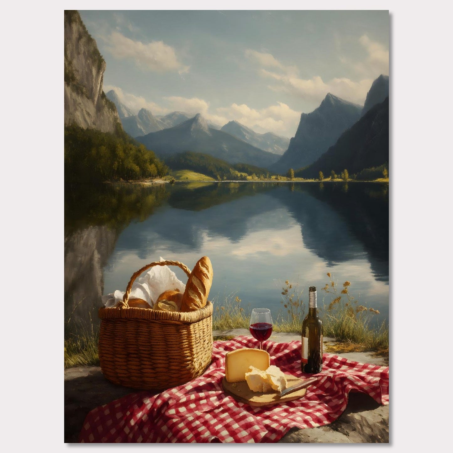 Not a ripple on the lake. The peaks and sky reflect with absolute clarity. A picnic waits untouched, surrounded by silence and stillness. This is more than a moment — it’s a meditation on presence, balance, and beauty.