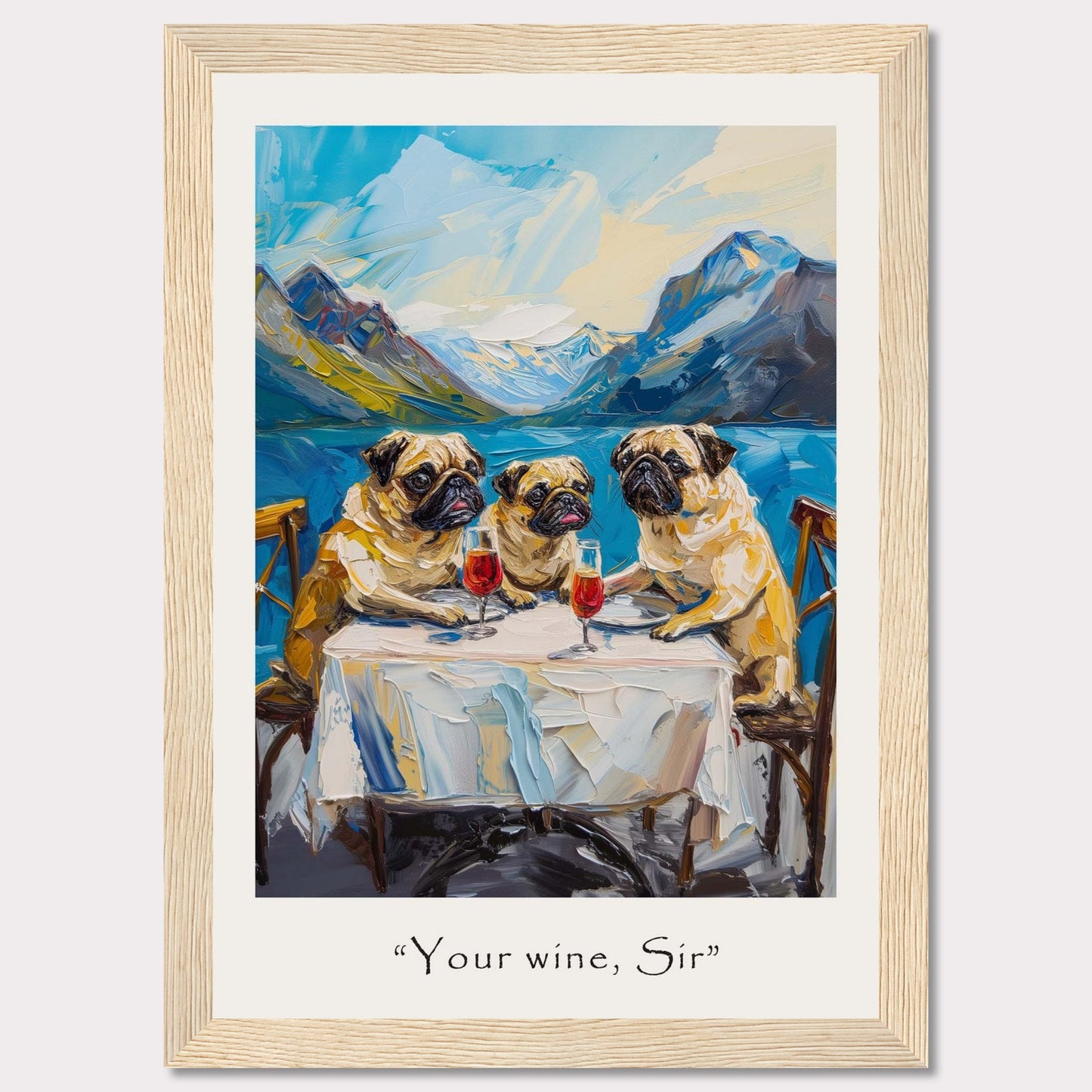 This whimsical painting depicts three pugs sitting at a table, each with a glass of red wine in front of them. The background showcases a stunning mountain landscape with a serene lake. The artwork is framed and includes the caption "Your wine, Sir" at the bottom.