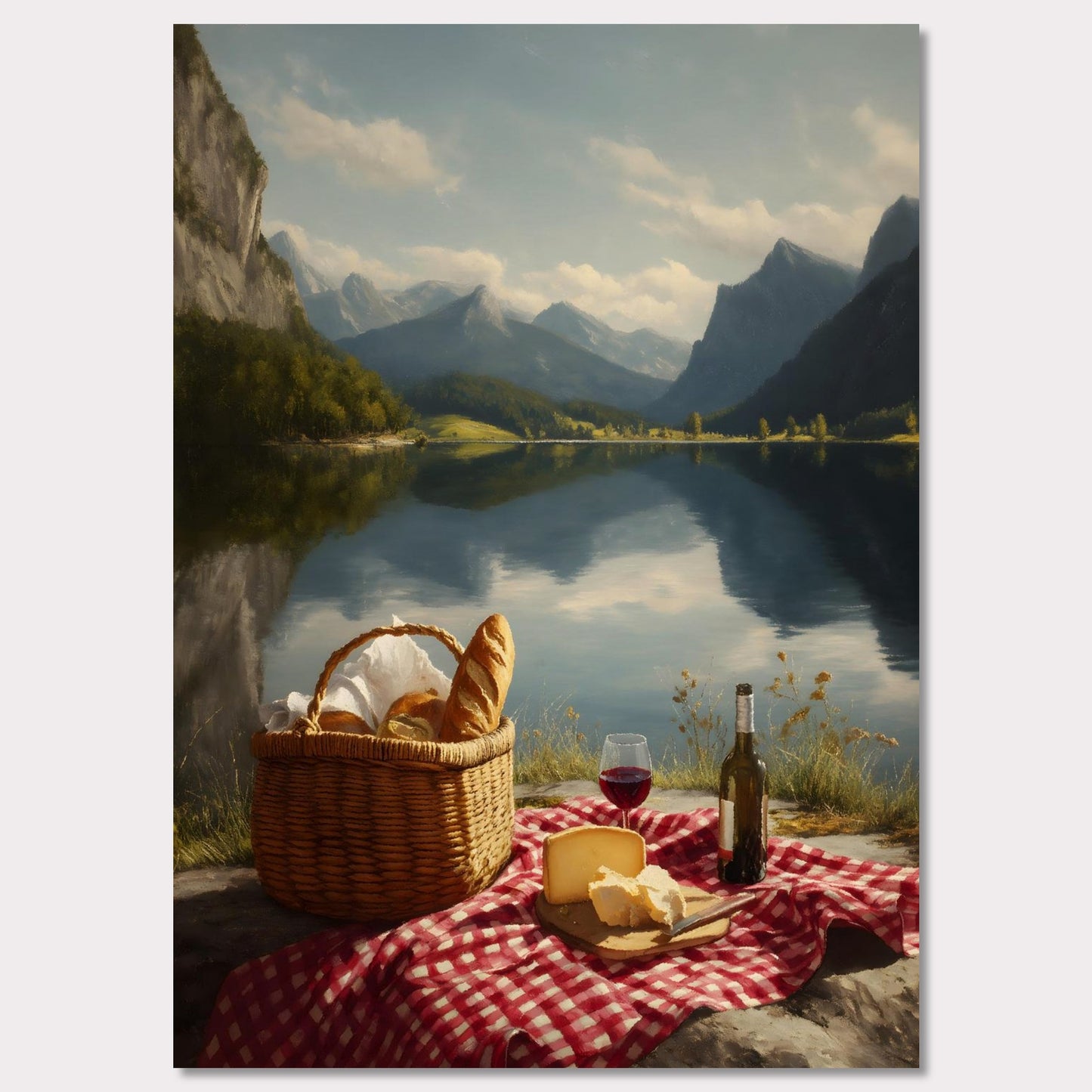 Not a ripple on the lake. The peaks and sky reflect with absolute clarity. A picnic waits untouched, surrounded by silence and stillness. This is more than a moment — it’s a meditation on presence, balance, and beauty.