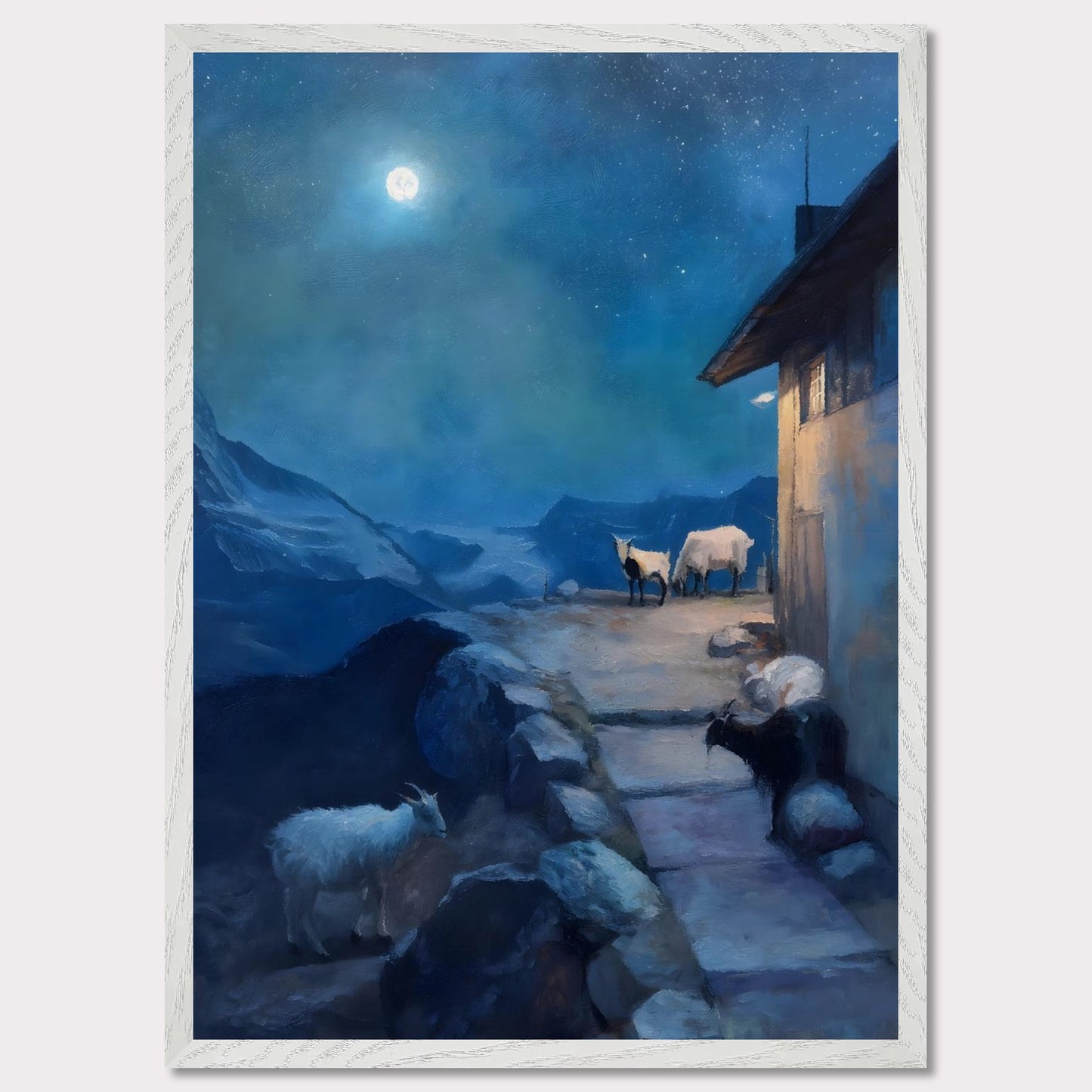 A full moon glows above a tranquil alpine scene, where goats linger quietly near a mountain hut. The sky shimmers with stars, the landscape wrapped in soft blues and shadows. There’s no rush here — only the deep breath of night.