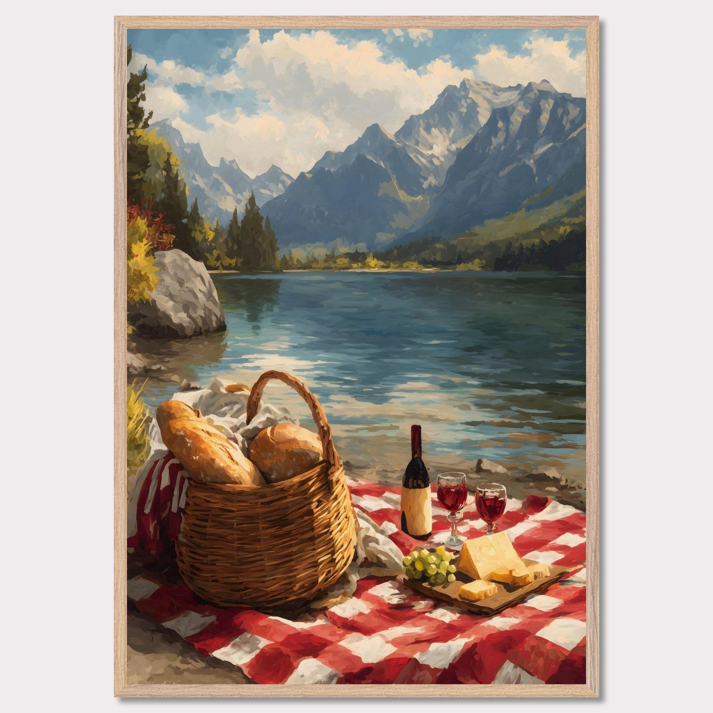 A checkered blanket lies beside a glistening lake, topped with fresh bread, wine, cheese, and grapes. Behind it all, towering mountains create a breathtaking backdrop. The scene celebrates indulgence, nature, and the timeless art of slowing down.
