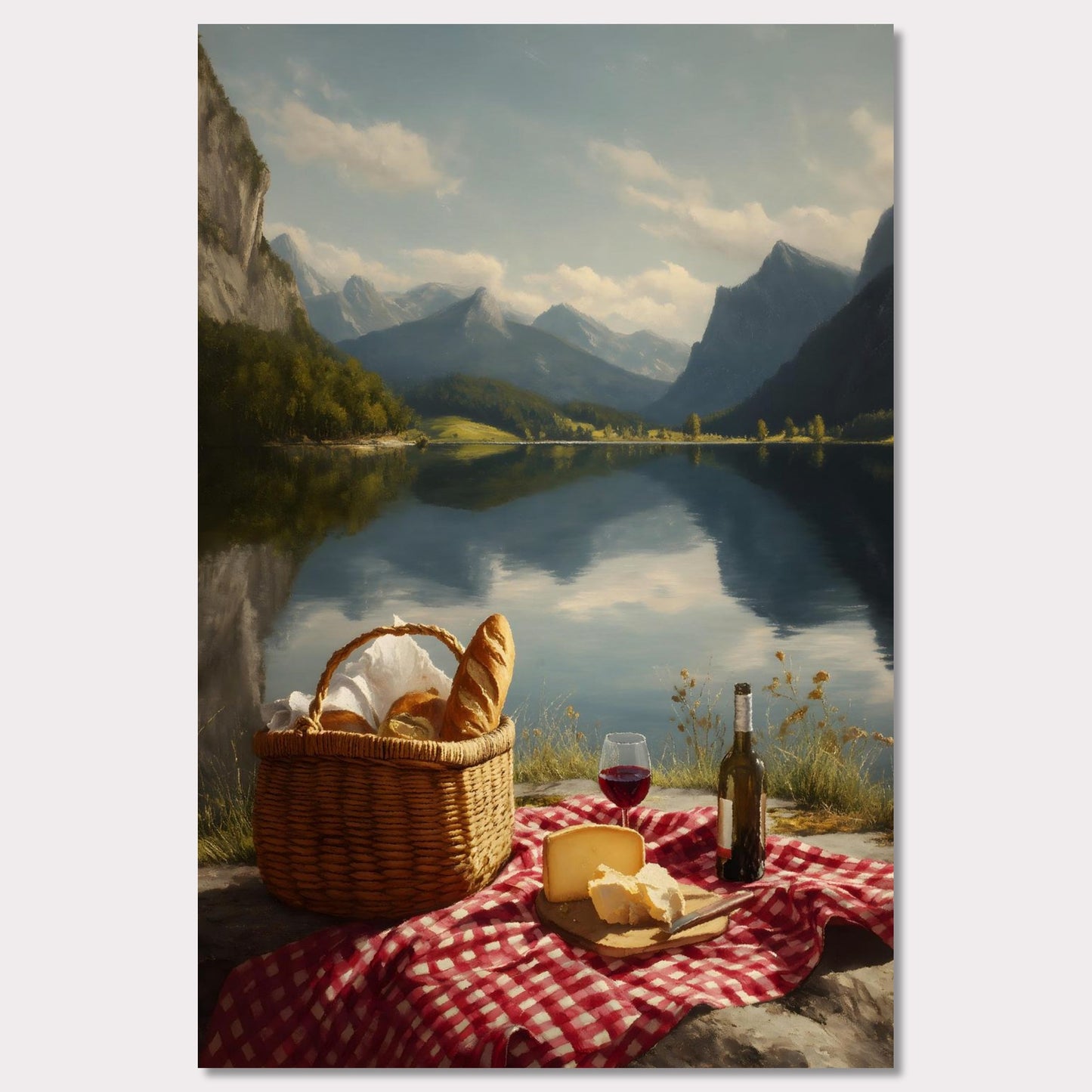 Not a ripple on the lake. The peaks and sky reflect with absolute clarity. A picnic waits untouched, surrounded by silence and stillness. This is more than a moment — it’s a meditation on presence, balance, and beauty.
