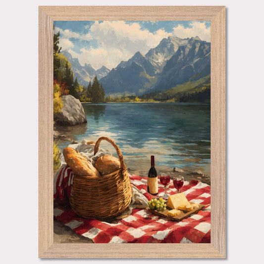 A checkered blanket lies beside a glistening lake, topped with fresh bread, wine, cheese, and grapes. Behind it all, towering mountains create a breathtaking backdrop. The scene celebrates indulgence, nature, and the timeless art of slowing down.