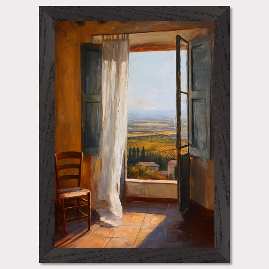 A sheer curtain lifts in warm air as golden vineyards unfold beneath a terracotta sill. A simple wooden chair waits in sunlit silence. This image is a breath of stillness, an ode to rhythm, warmth, and space.