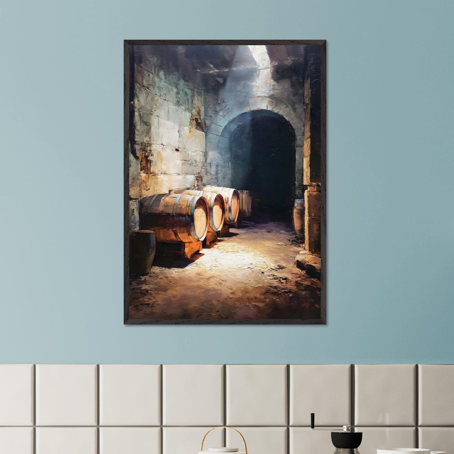 Wooden wine barrels line the stone walls of a cool alpine cellar, lit by a shaft of light from above. The silence is thick and cool. This image is a breath beneath the surface, an ode to age, earth, and time.