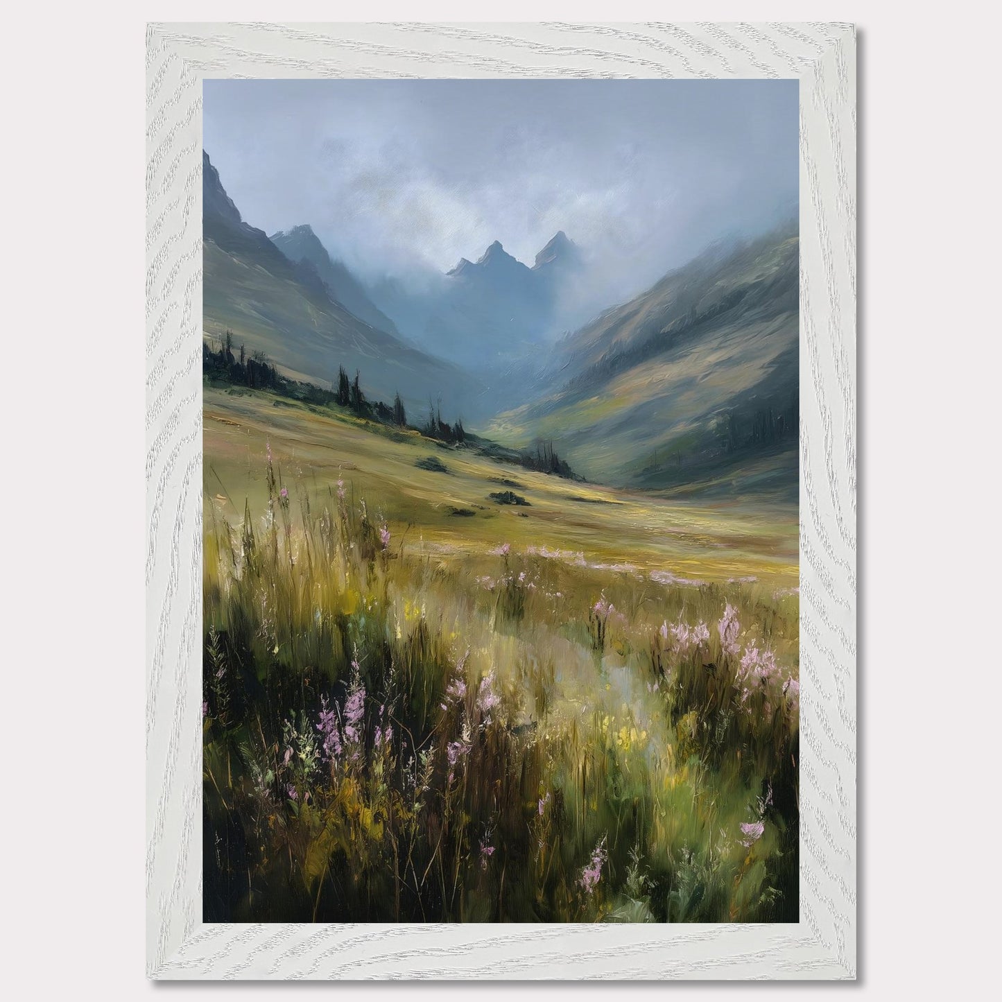 A field of tall alpine grass and soft purple blooms unfolds into misty blue peaks. There's no sign of movement, only the gentle hush of nature breathing. The scene is vast, untamed, and filled with the quiet promise of summer in the highlands.