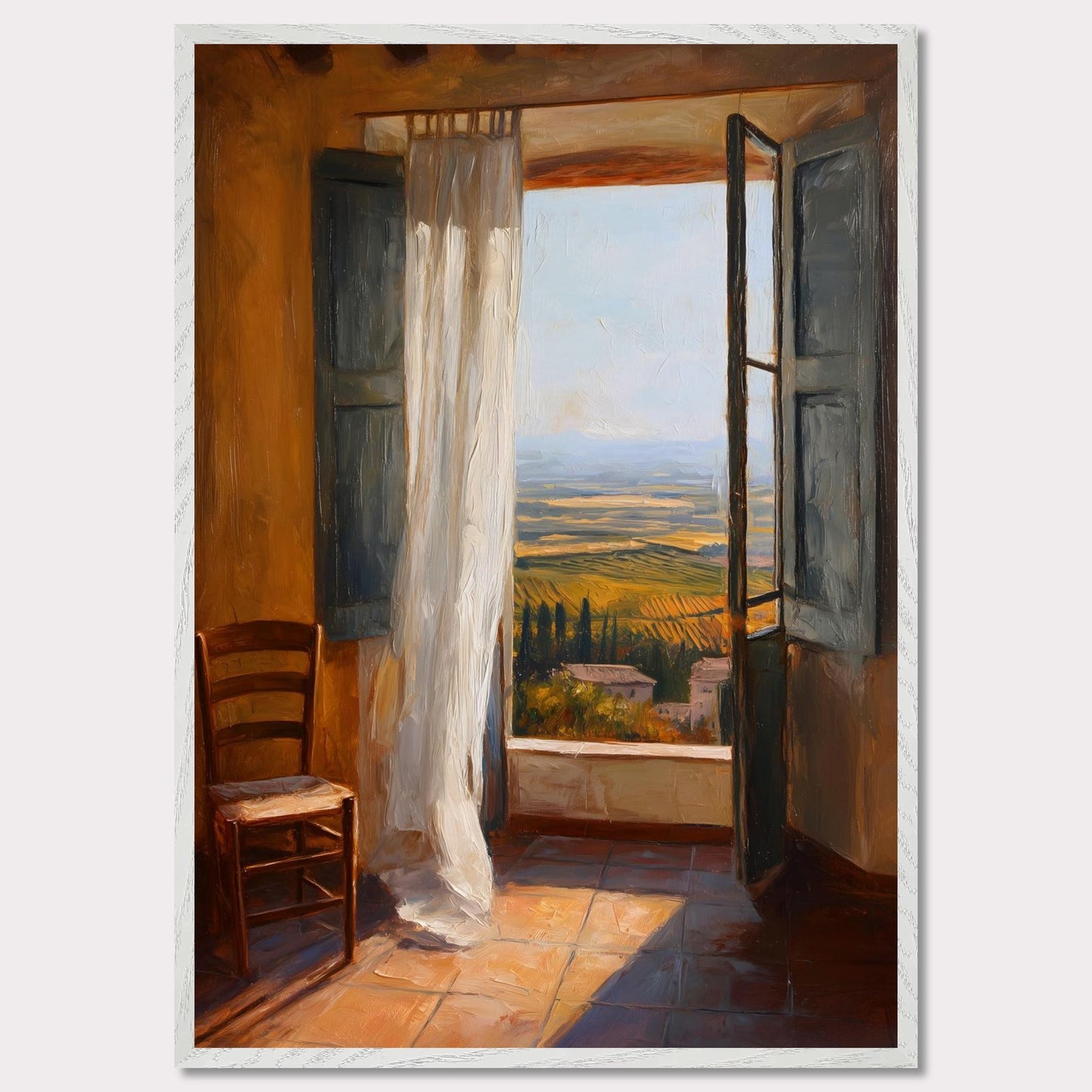 A sheer curtain lifts in warm air as golden vineyards unfold beneath a terracotta sill. A simple wooden chair waits in sunlit silence. This image is a breath of stillness, an ode to rhythm, warmth, and space.