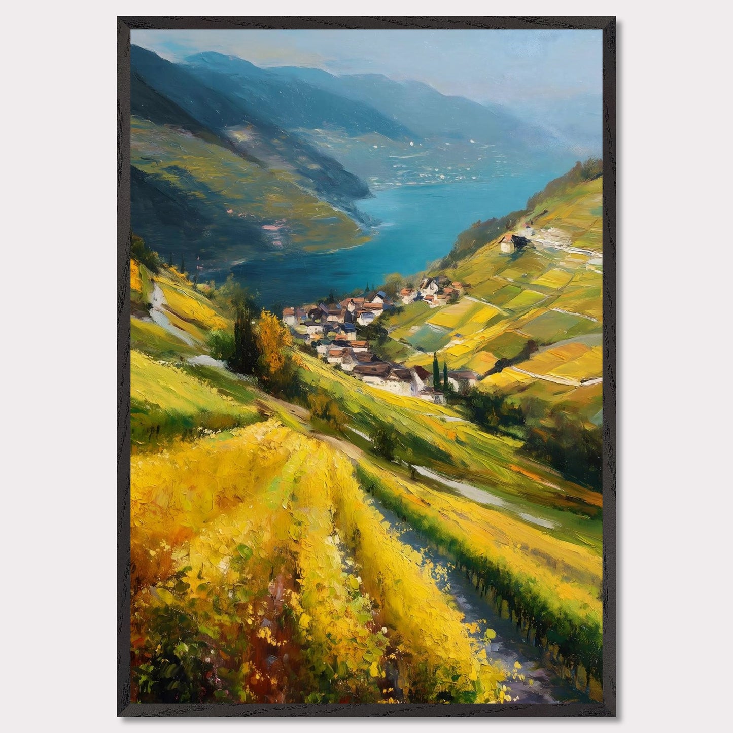 Golden vineyards sweep down steep hills toward a quiet lake village. The water shimmers like a mirror between blue ridges. This image is a flowing hillside, an ode to light, labor, and view.