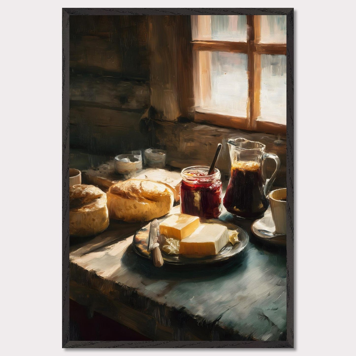 A rustic table holds fresh bread, butter, jam, and coffee beside a glowing window. Steam rises gently from the cup. This image is a quiet start, an ode to taste, ritual, and comfort.