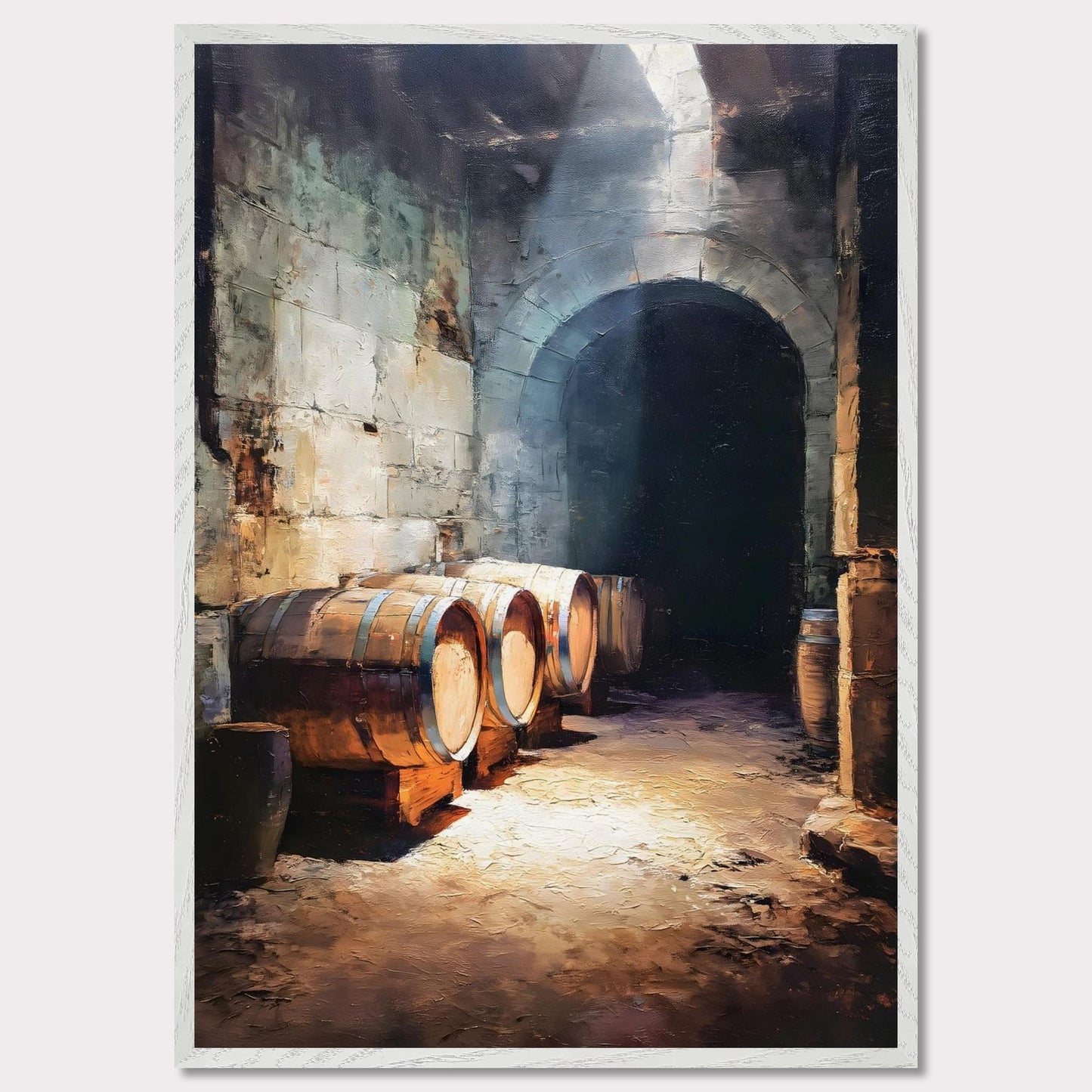 Wooden wine barrels line the stone walls of a cool alpine cellar, lit by a shaft of light from above. The silence is thick and cool. This image is a breath beneath the surface, an ode to age, earth, and time.