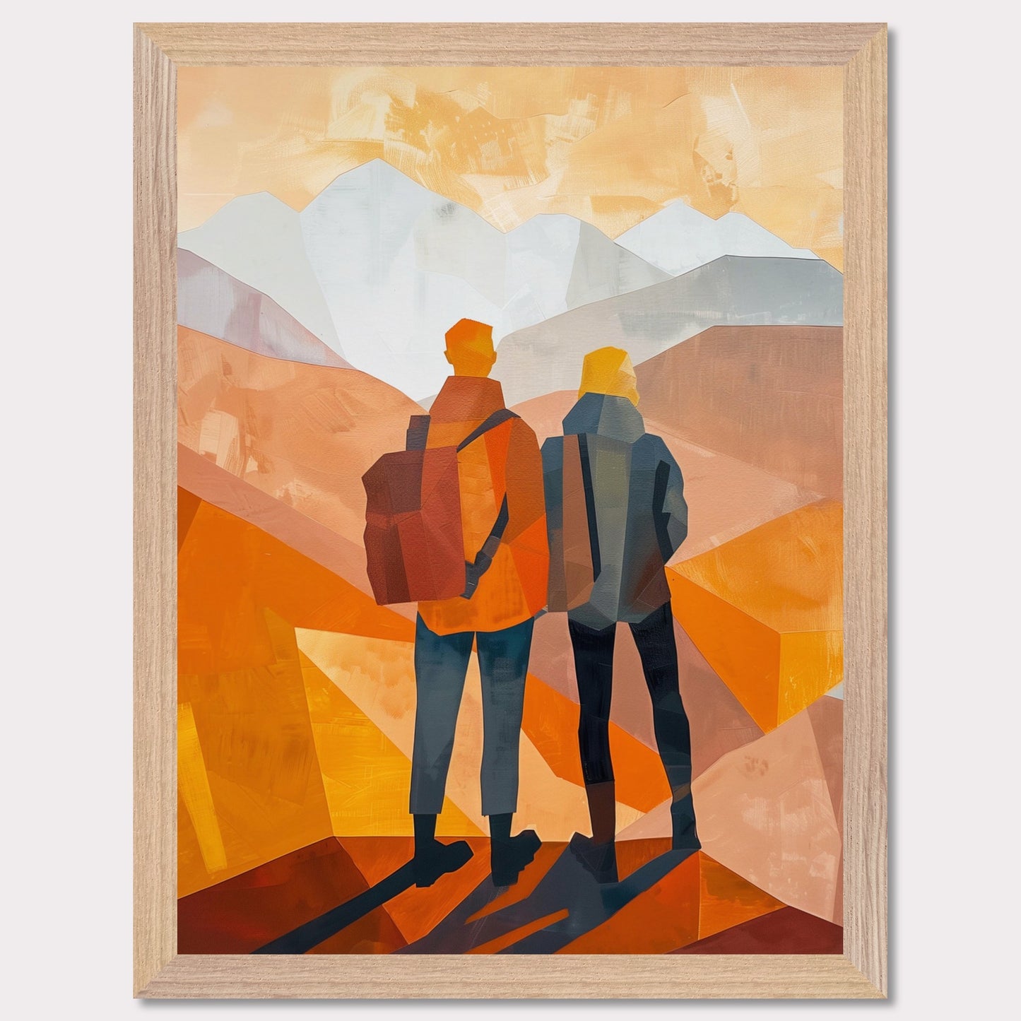 This illustration depicts two figures standing side by side, gazing at a mountainous landscape.
This poster would fit well in a living room, hallway, office, or any space that benefits from artistic and inspirational decor.
