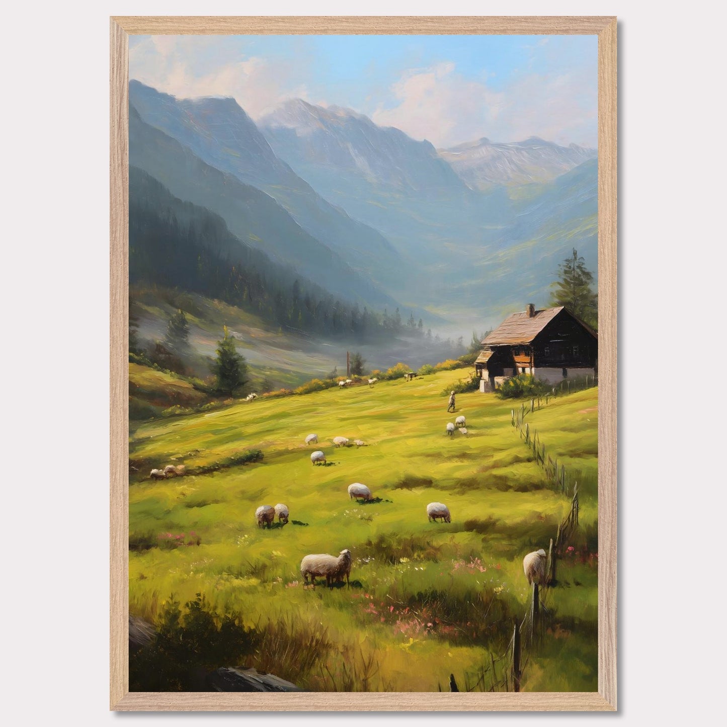 Golden morning light washes over rolling fields as sheep wander freely. A traditional alpine house stands quietly, facing the rising mist among distant peaks. This is the beginning of a calm, purposeful day in the heart of the Alps.