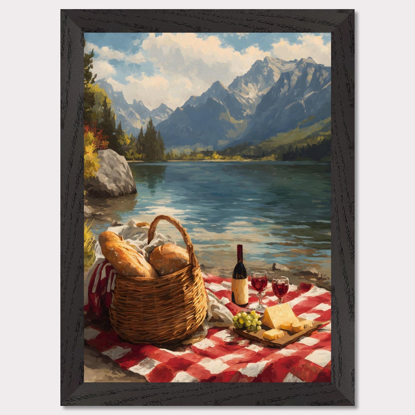 A checkered blanket lies beside a glistening lake, topped with fresh bread, wine, cheese, and grapes. Behind it all, towering mountains create a breathtaking backdrop. The scene celebrates indulgence, nature, and the timeless art of slowing down.
