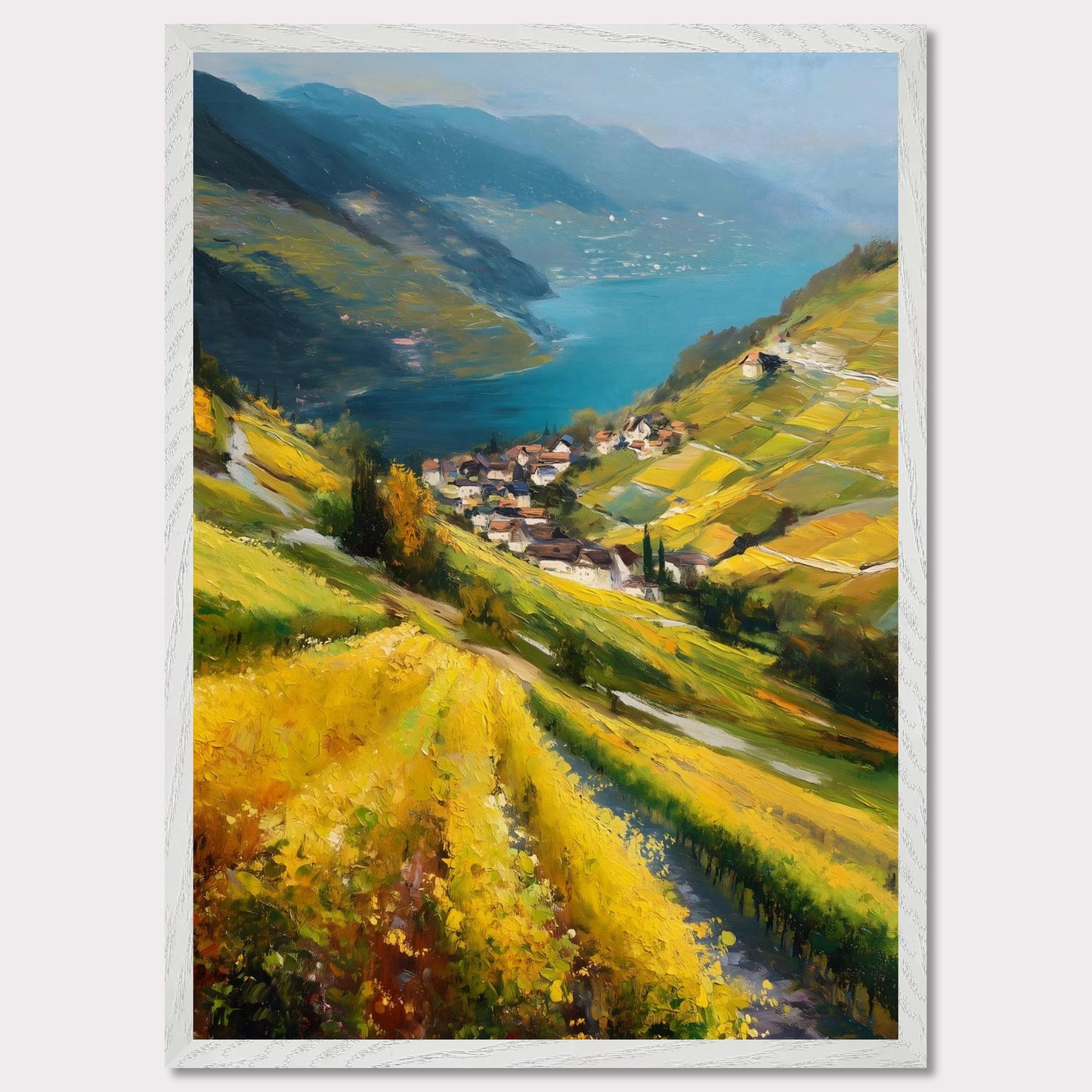 Golden vineyards sweep down steep hills toward a quiet lake village. The water shimmers like a mirror between blue ridges. This image is a flowing hillside, an ode to light, labor, and view.
