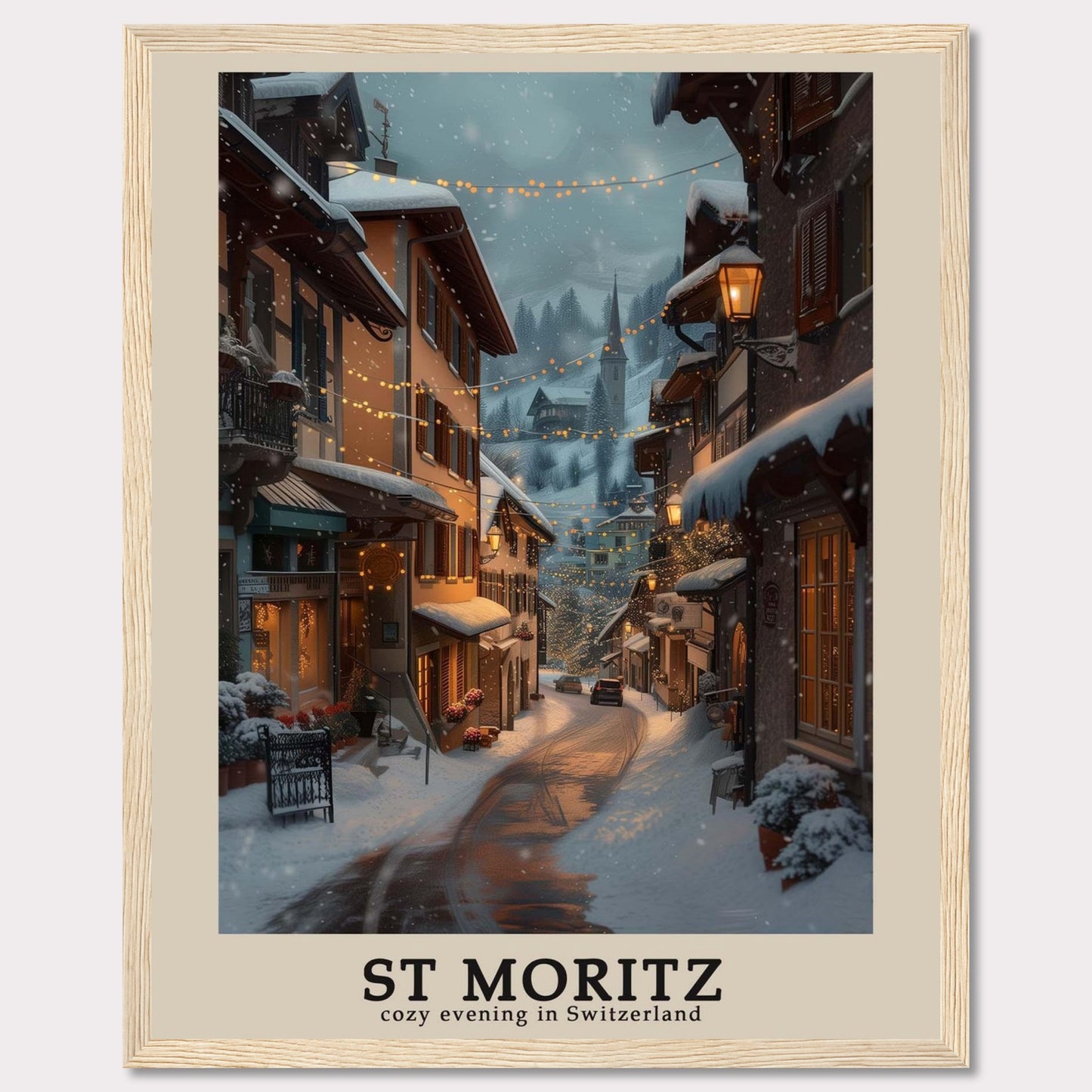 This photo showcases a charming winter evening in St. Moritz, Switzerland. The scene features snow-covered streets adorned with warm, glowing lights, quaint buildings with festive decorations, and a serene, picturesque ambiance.