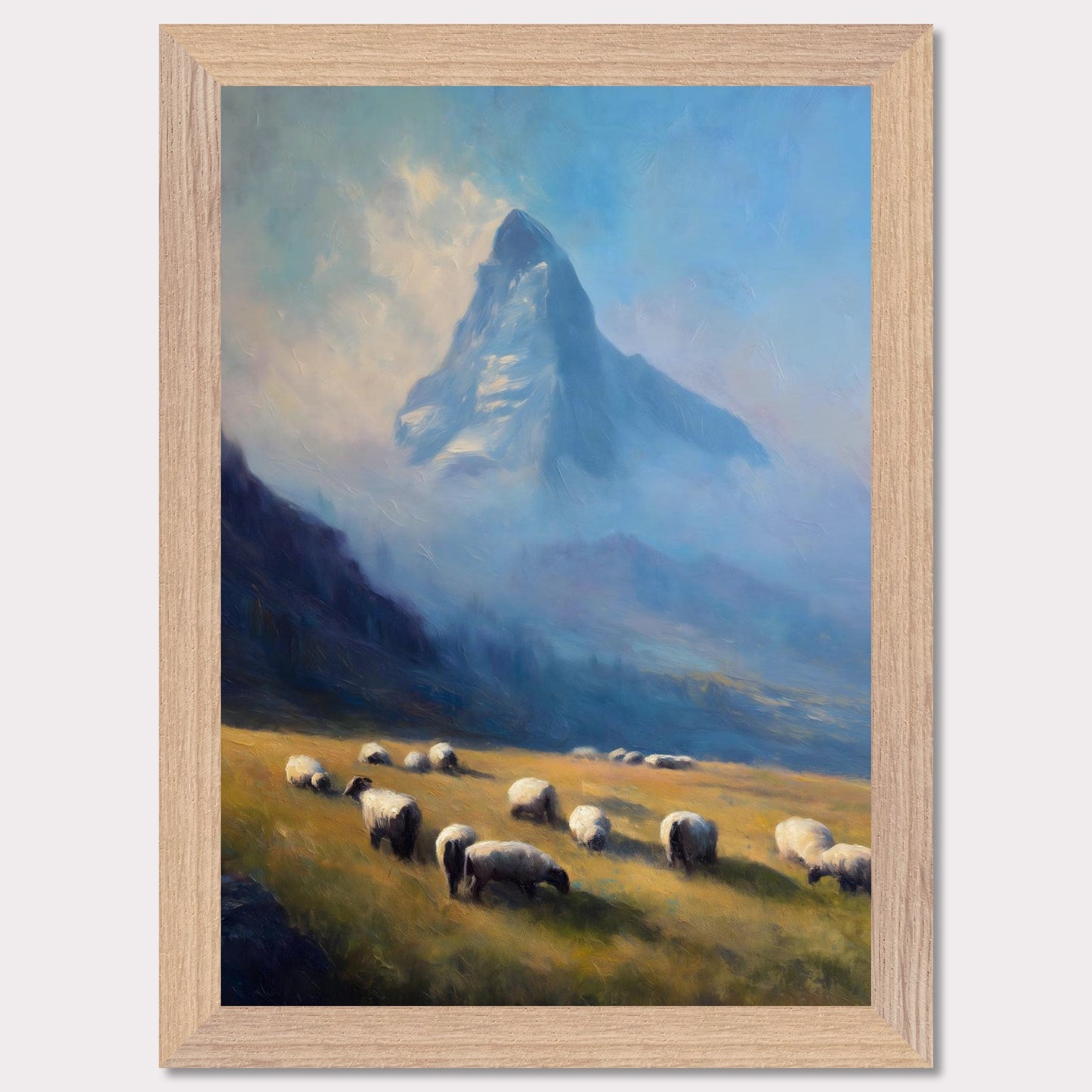 A flock grazes in soft alpine grass as the blue-shadowed Matterhorn rises beyond. Mist curls through the valley’s hush. This image is a gentle morning, an ode to scale, quiet, and presence.