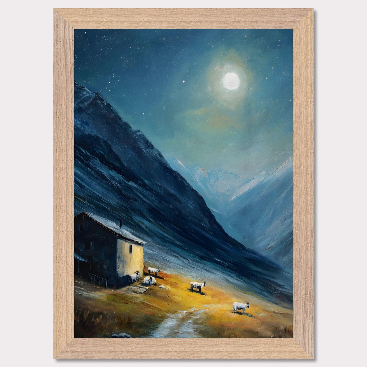 Nestled between dramatic cliffs, a single farmhouse glows under a sky heavy with storm and sun. The valley holds its breath — clouds swirl above while the earth remains grounded, golden, and still. This is a refuge at the edge of wildness.