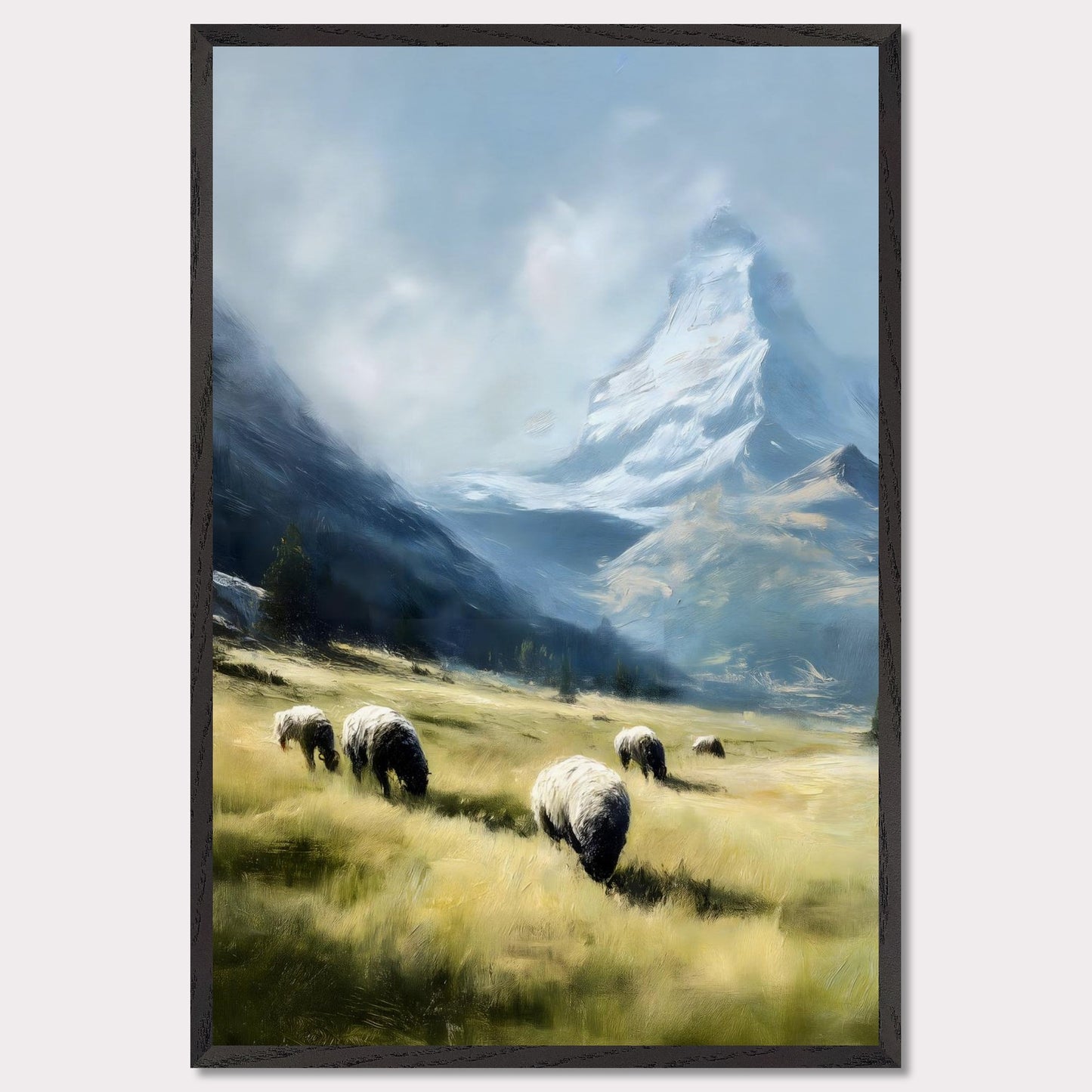 In the shadow of the Matterhorn, sheep graze peacefully on sunlit fields. This pastoral scene blends the grandeur of the Alps with the charm of rural life. The softness of the animals and golden grass contrasts beautifully with the snow-covered majesty above.