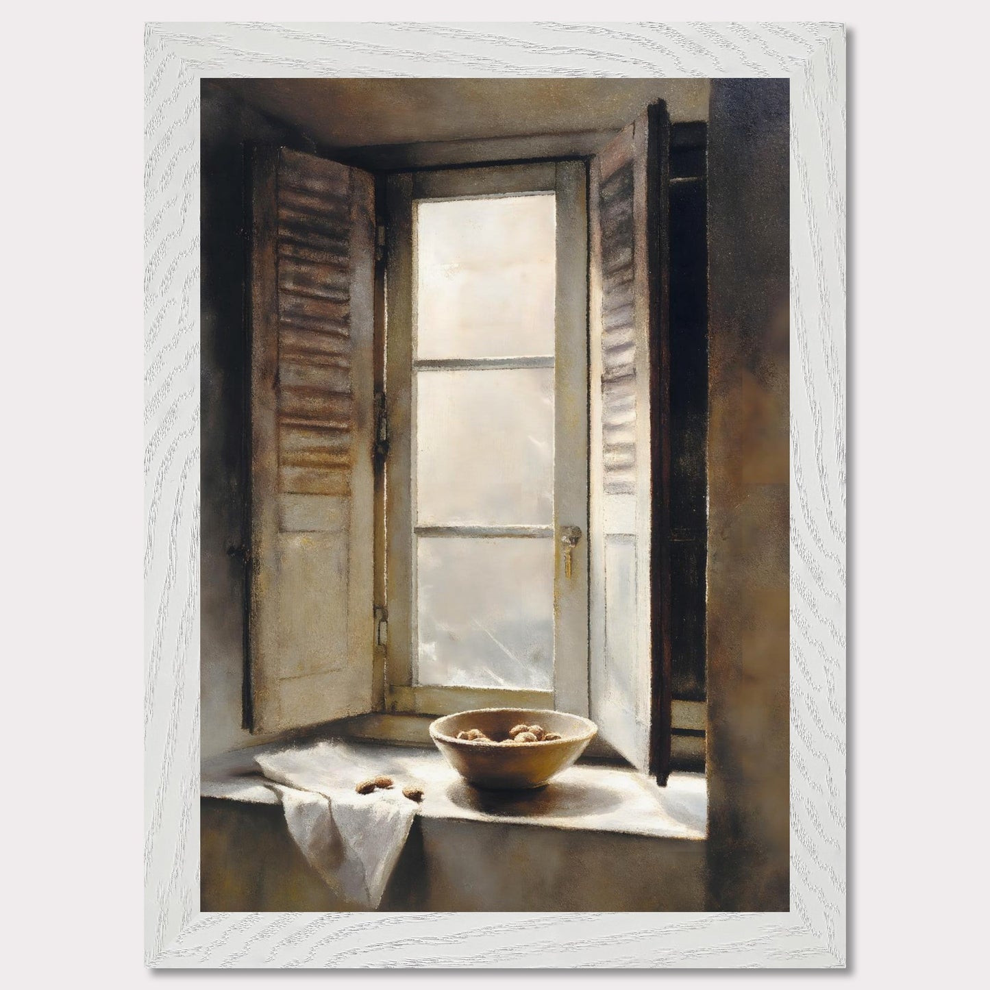Golden light streams through an old shuttered window, catching the edge of a ceramic bowl filled with walnuts. A linen cloth rests gently nearby, suggesting quiet hands and slow mornings. This image is domestic poetry — a tribute to texture, stillness, and time.