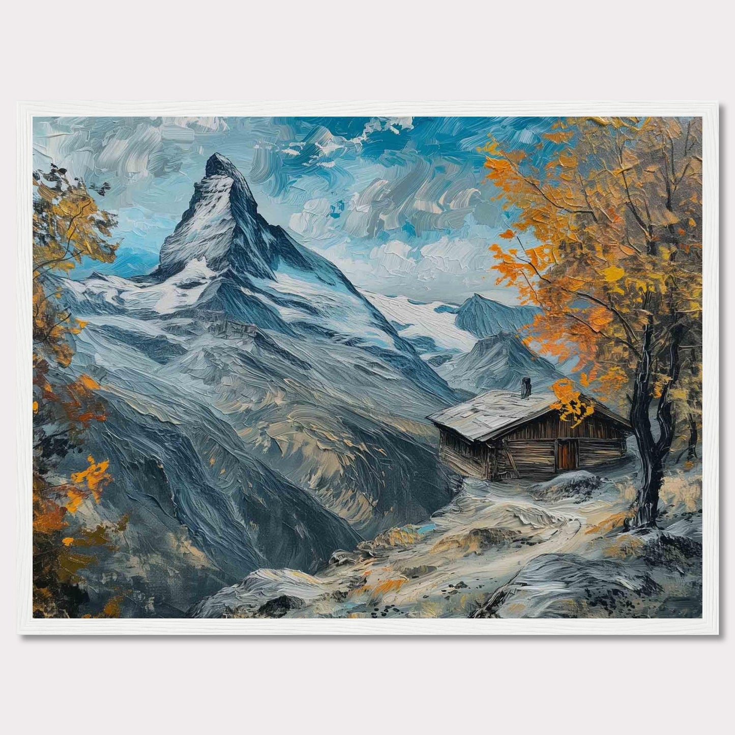 This stunning painting captures a serene mountain landscape with a quaint cabin nestled among the snow-covered peaks. The vibrant autumn foliage adds a splash of color against the majestic backdrop of towering mountains and a clear blue sky.