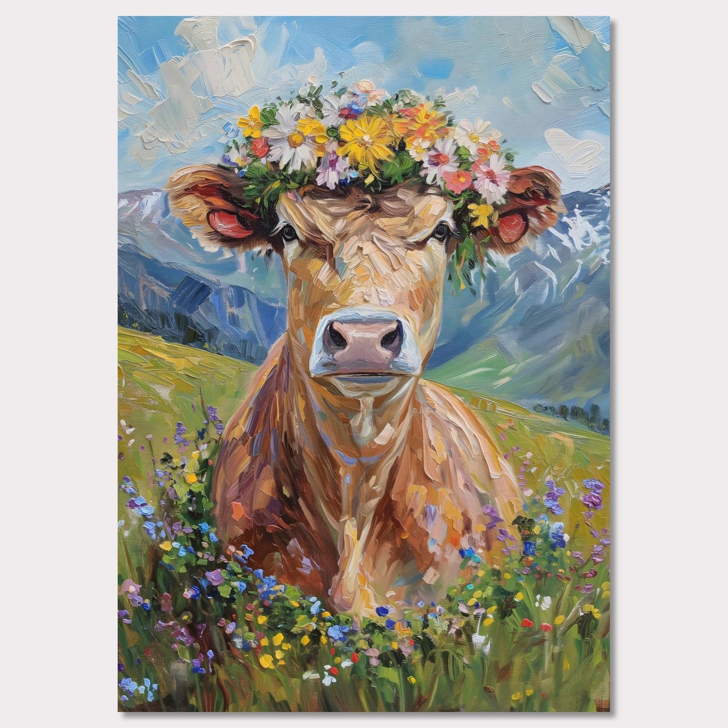 Poster titled 'Fluffy cow in a wreath Poster' from ArtDarts