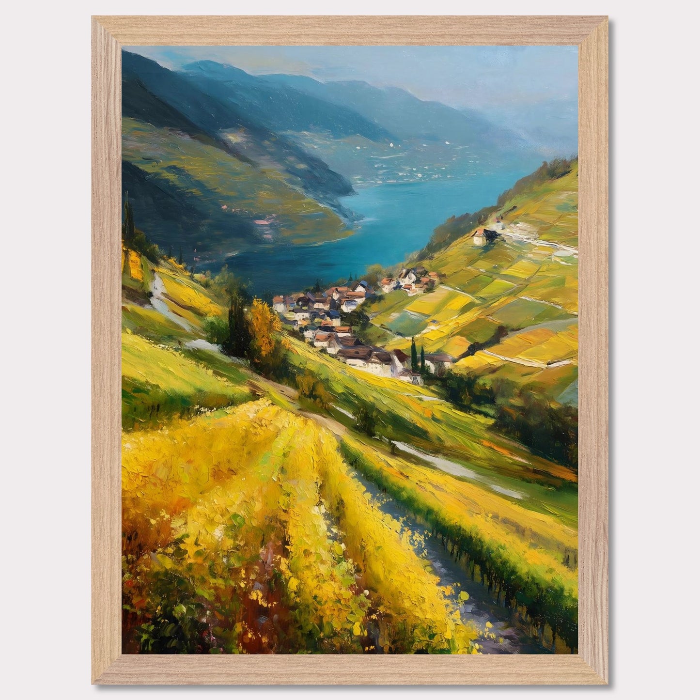 Golden vineyards sweep down steep hills toward a quiet lake village. The water shimmers like a mirror between blue ridges. This image is a flowing hillside, an ode to light, labor, and view.
