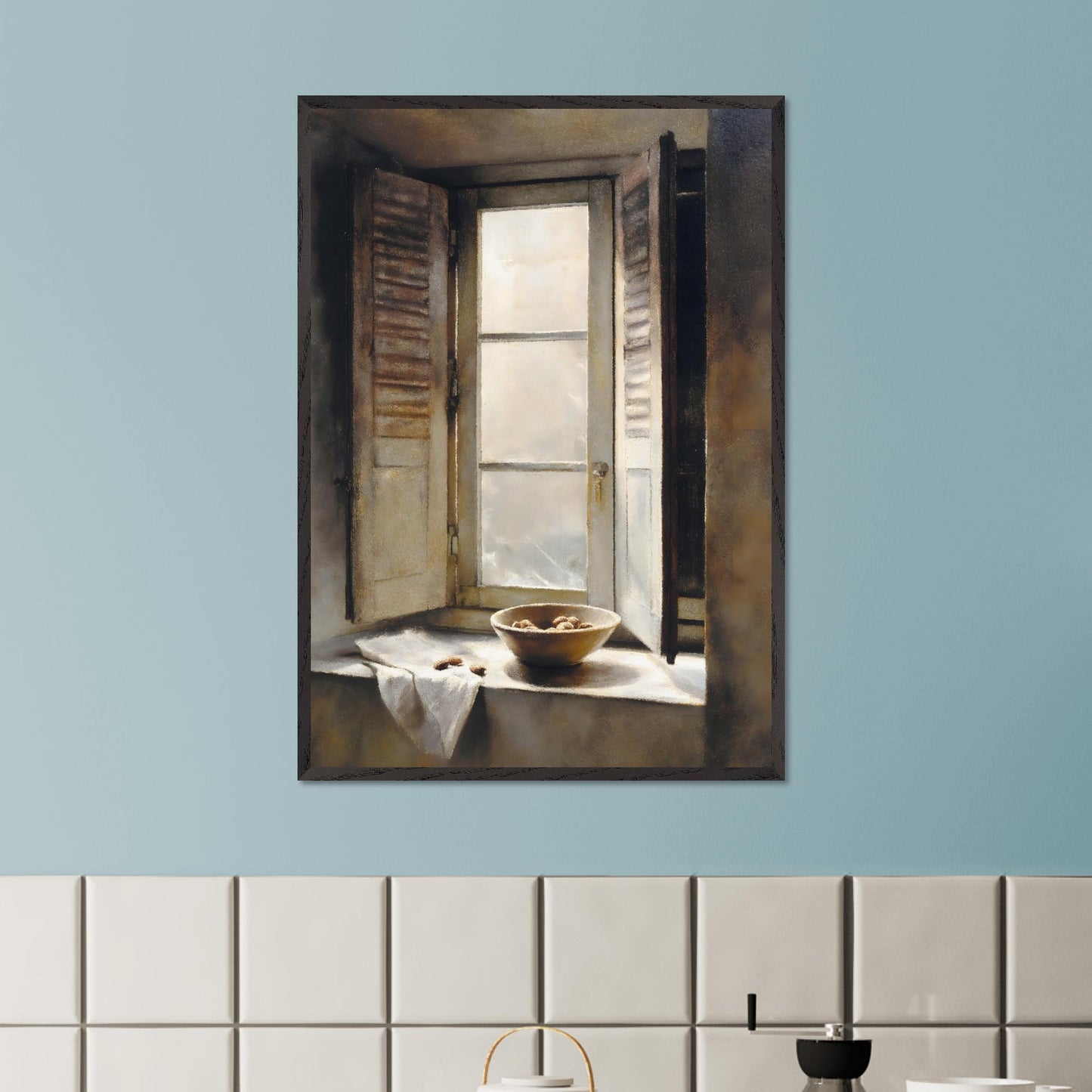 Golden light streams through an old shuttered window, catching the edge of a ceramic bowl filled with walnuts. A linen cloth rests gently nearby, suggesting quiet hands and slow mornings. This image is domestic poetry — a tribute to texture, stillness, and time.