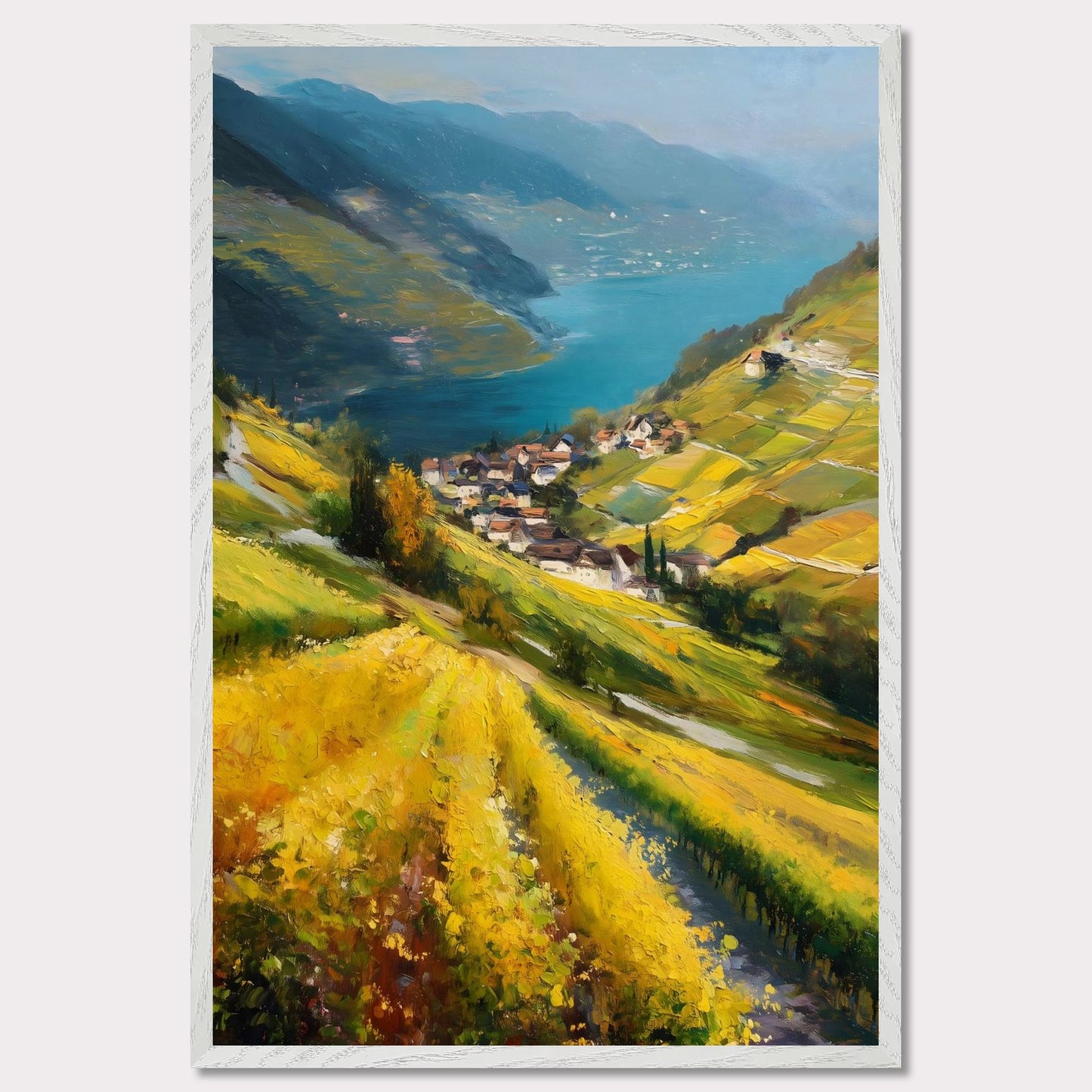 Golden vineyards sweep down steep hills toward a quiet lake village. The water shimmers like a mirror between blue ridges. This image is a flowing hillside, an ode to light, labor, and view.