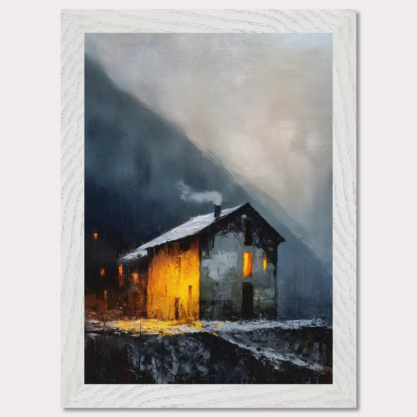 A lone alpine house burns golden against a dark and stormy backdrop. Snow lies quietly on the ground, while inside, a hearth glows with defiance and warmth. It’s a scene of refuge, strength, and a reminder that warmth is made, not found.