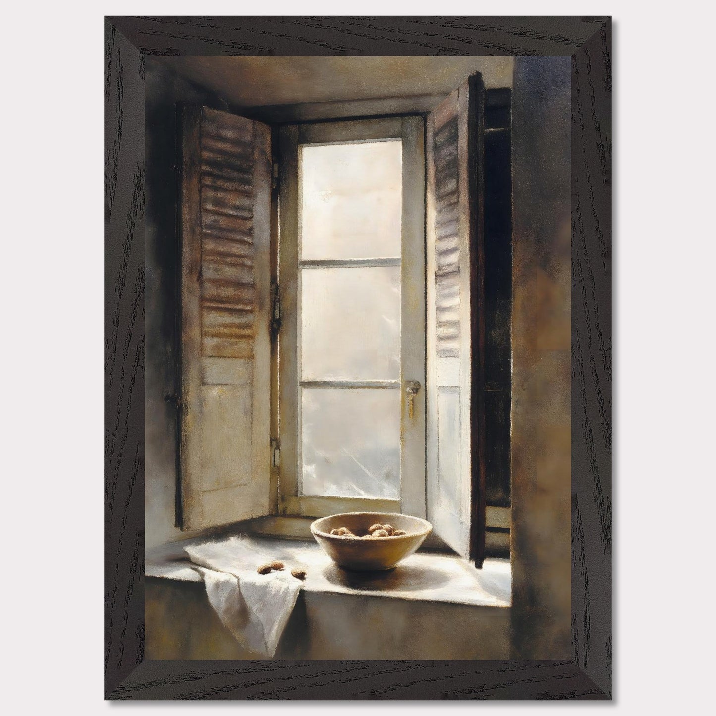 Golden light streams through an old shuttered window, catching the edge of a ceramic bowl filled with walnuts. A linen cloth rests gently nearby, suggesting quiet hands and slow mornings. This image is domestic poetry — a tribute to texture, stillness, and time.