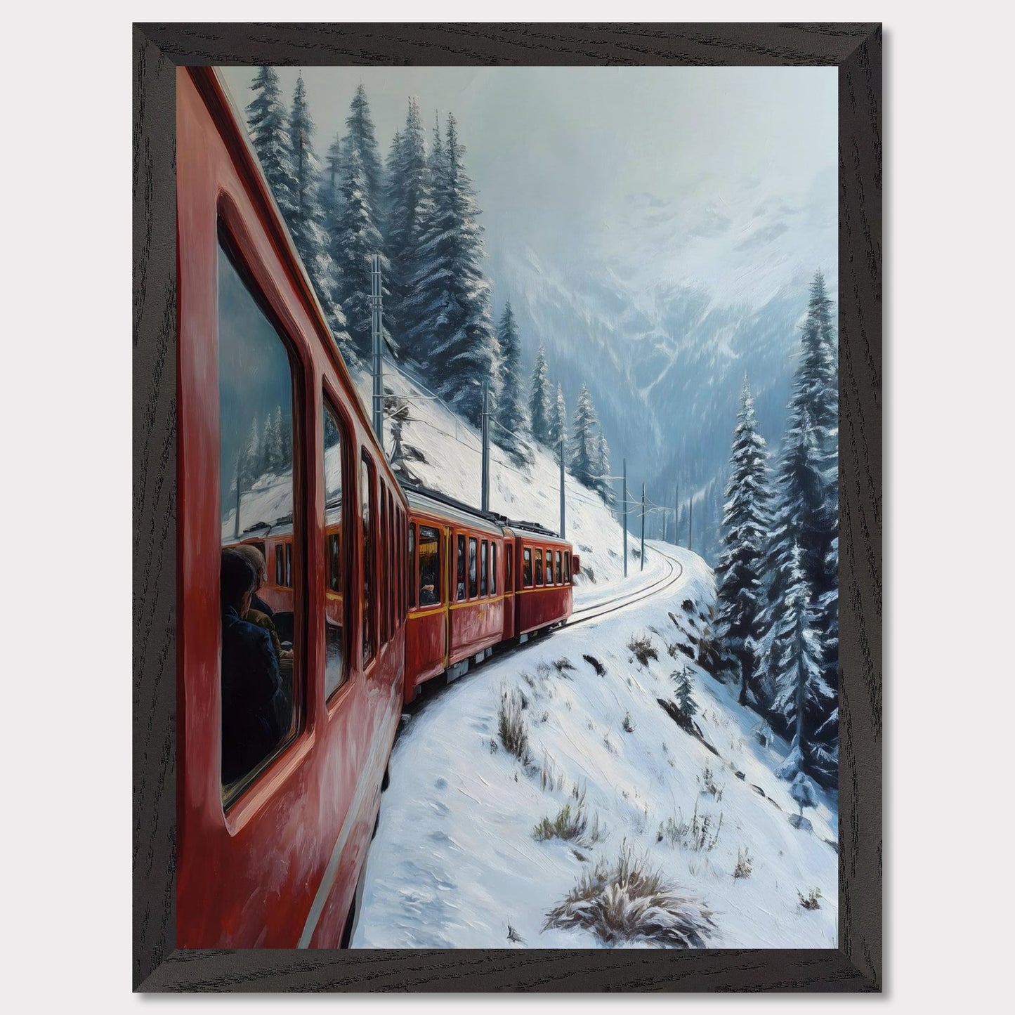 A red alpine train rounds a snow-covered bend, threading between pine-clad slopes and winter valleys. Reflections in the windows hint at warm journeys through a frozen world. This image hums with motion and memory — an homage to travel, contrast, and time.
