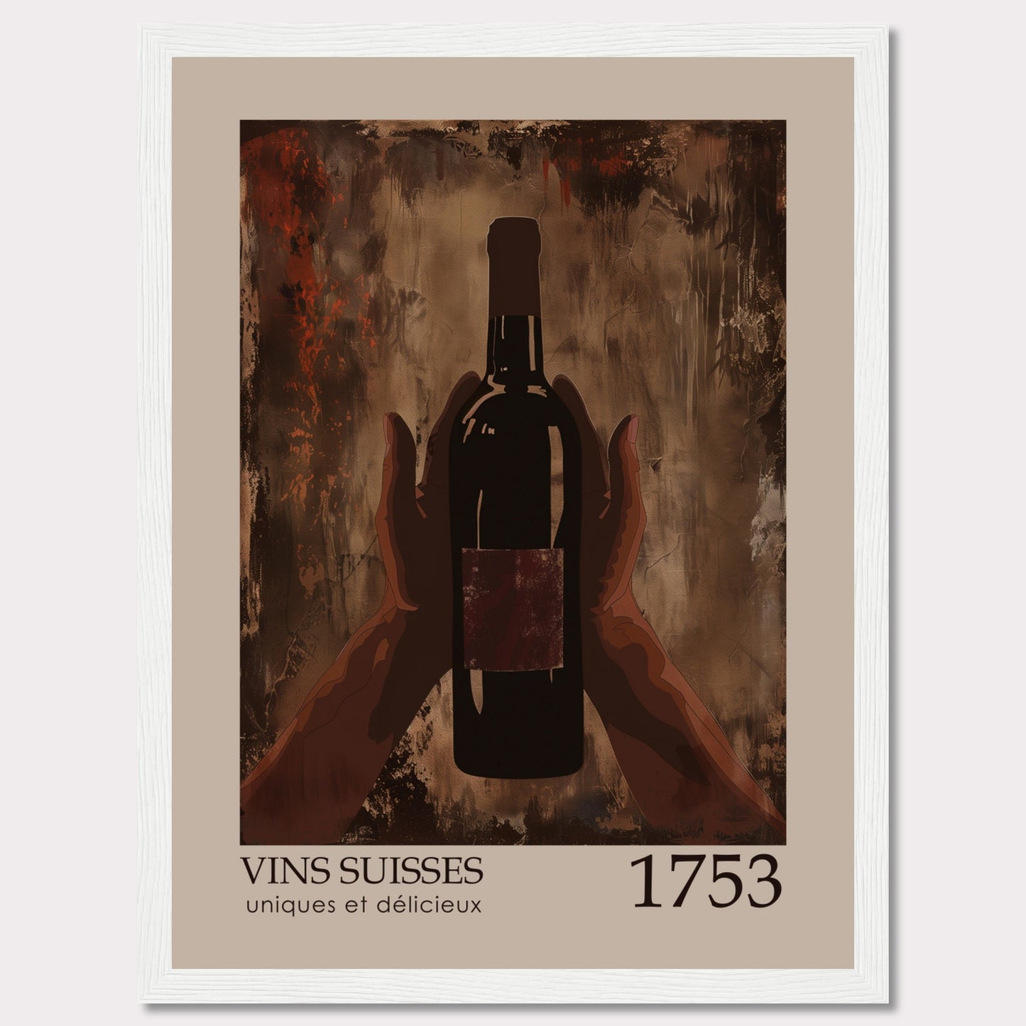 This image showcases a framed poster featuring a bottle of wine held by two hands against an abstract, textured background.