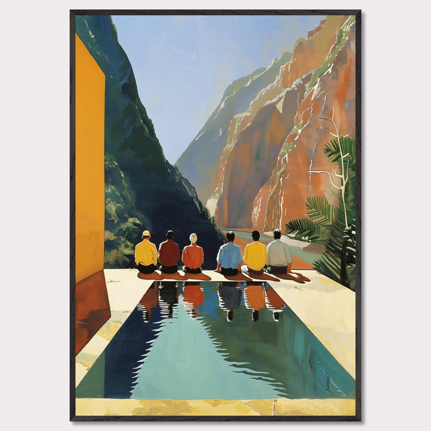 Six individuals sit by a serene pool, facing a breathtaking view of towering mountains and a calm river. The vibrant colors of their clothing reflect beautifully in the water, adding to the tranquil atmosphere. Lush greenery frames the scene, enhancing the feeling of being one with nature. Six individuals sitting by a pool Stunning mountain landscape Calm river flowing through the valley Vivid reflections in the pool Lush greenery surrounding the area