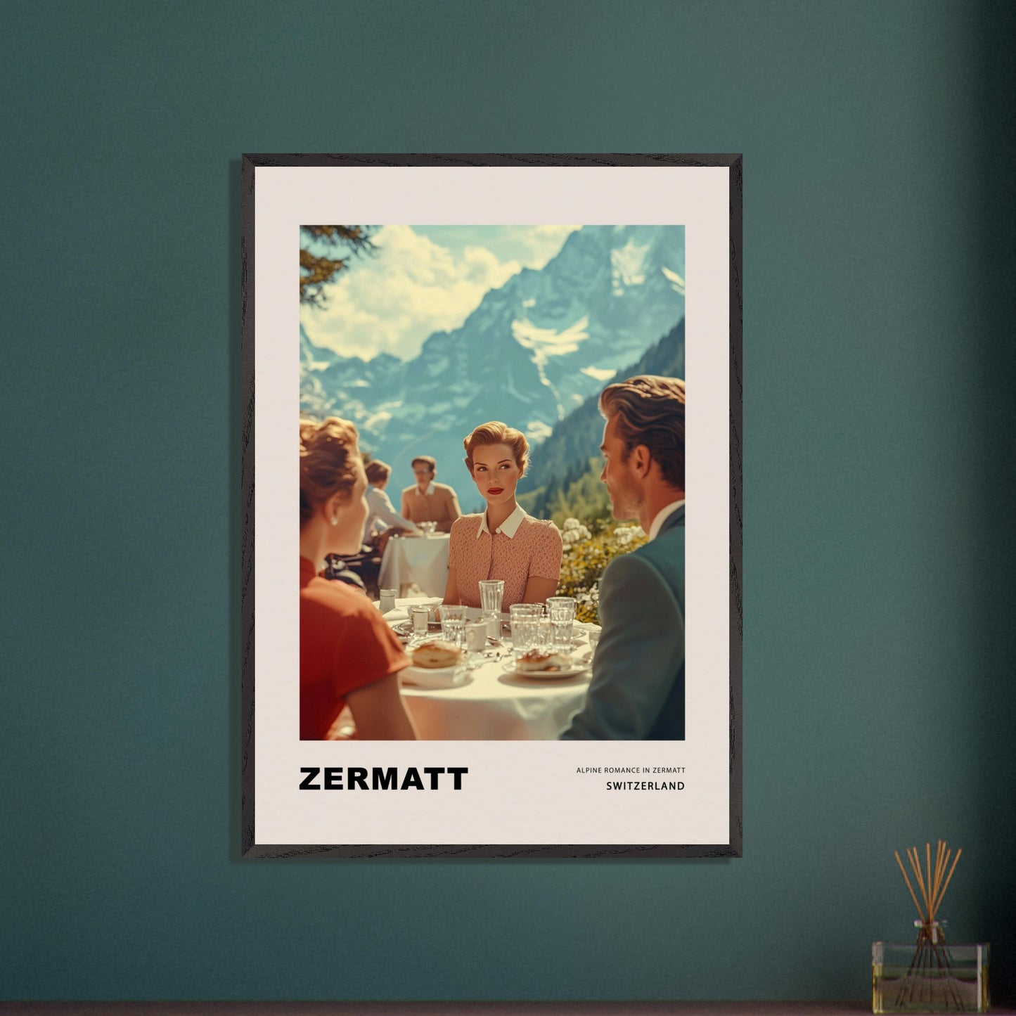 This poster transports us to a world of elegant romance amidst the mountainous landscapes of Zermatt, Switzerland. At the center of the scene is a refined woman with a romantic, enigmatic gaze directed at the man across the table on a café terrace, set against the majestic backdrop of the Alps.