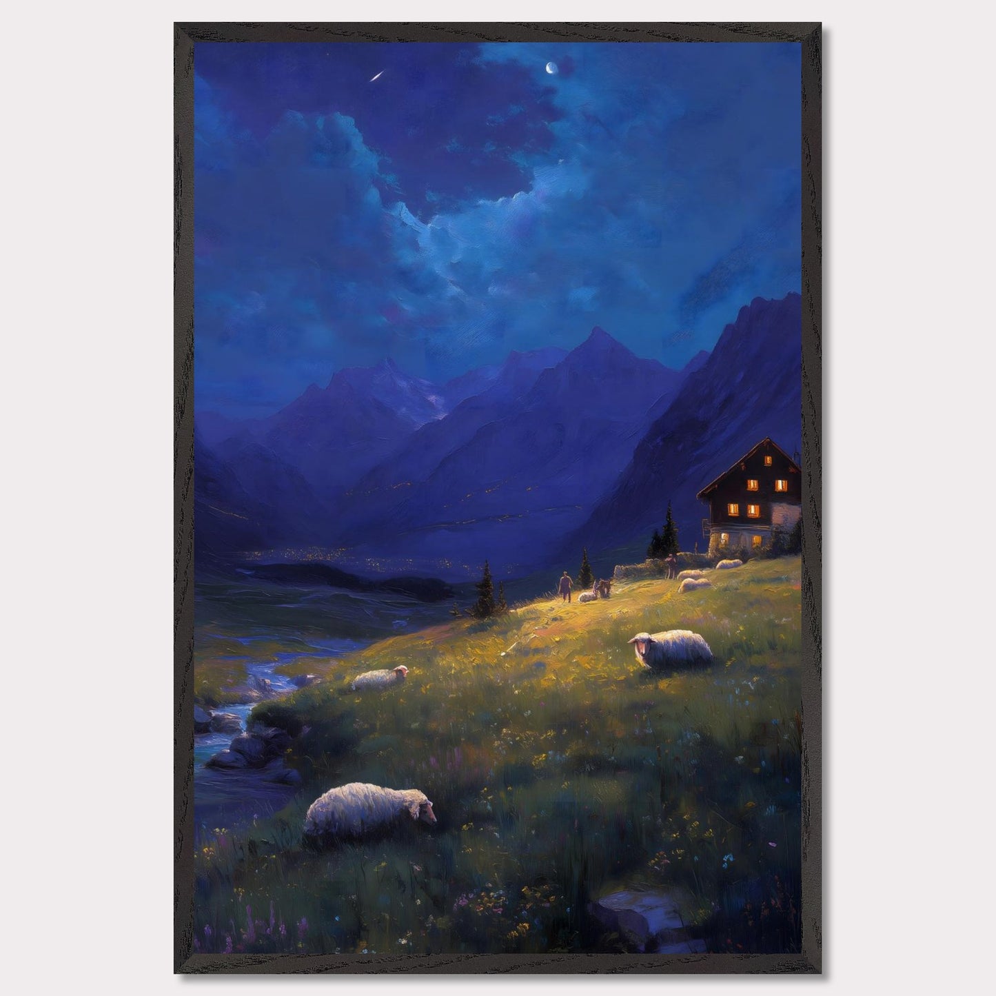 As night falls over the valley, warm lights glow from a mountain cabin, guiding the shepherd and his sheep. Above, stars begin to shimmer and the crescent moon watches from afar. A peaceful twilight symphony of solitude, nature, and quiet warmth.
