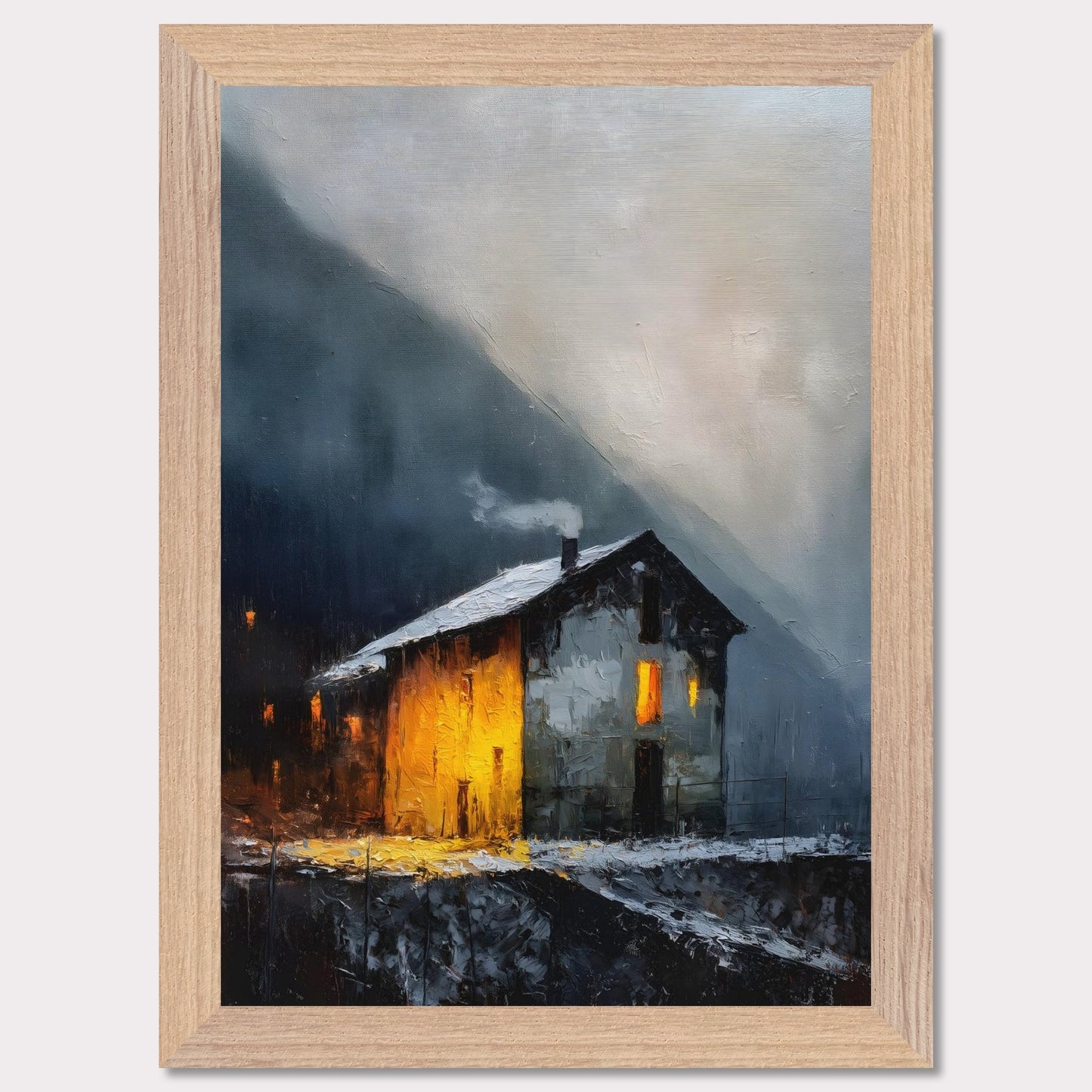 A lone alpine house burns golden against a dark and stormy backdrop. Snow lies quietly on the ground, while inside, a hearth glows with defiance and warmth. It’s a scene of refuge, strength, and a reminder that warmth is made, not found.