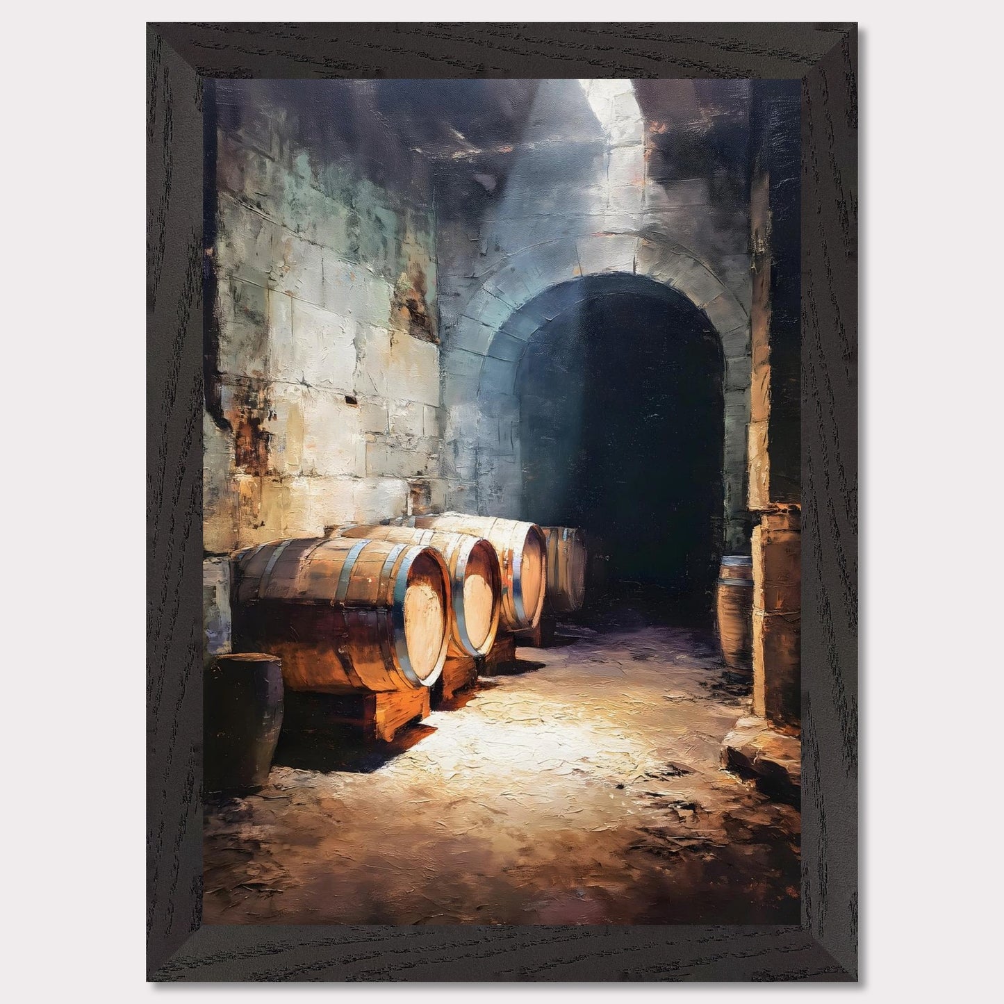 Wooden wine barrels line the stone walls of a cool alpine cellar, lit by a shaft of light from above. The silence is thick and cool. This image is a breath beneath the surface, an ode to age, earth, and time.