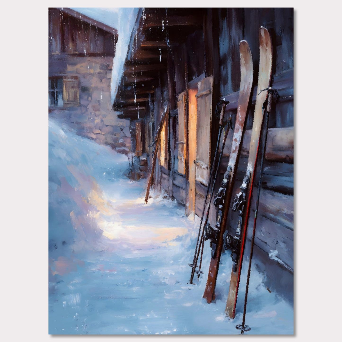 Poster titled 'Skis by the Barn, Evening Descent' from ArtDarts