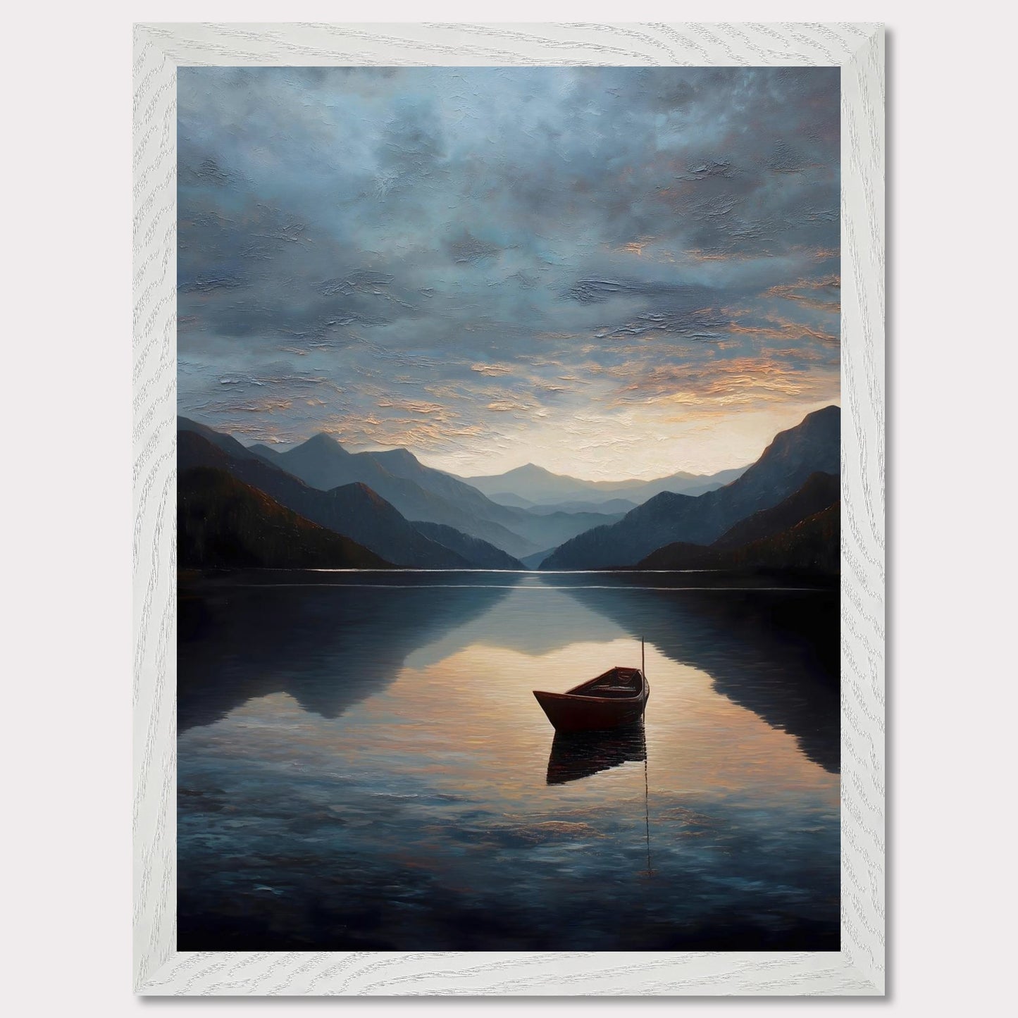 A single red boat floats gently on a vast, darkening lake as mountains fade into layered blues. The sunset brushes the clouds and water with soft amber and grey. A perfect study in stillness, solitude, and awe.
