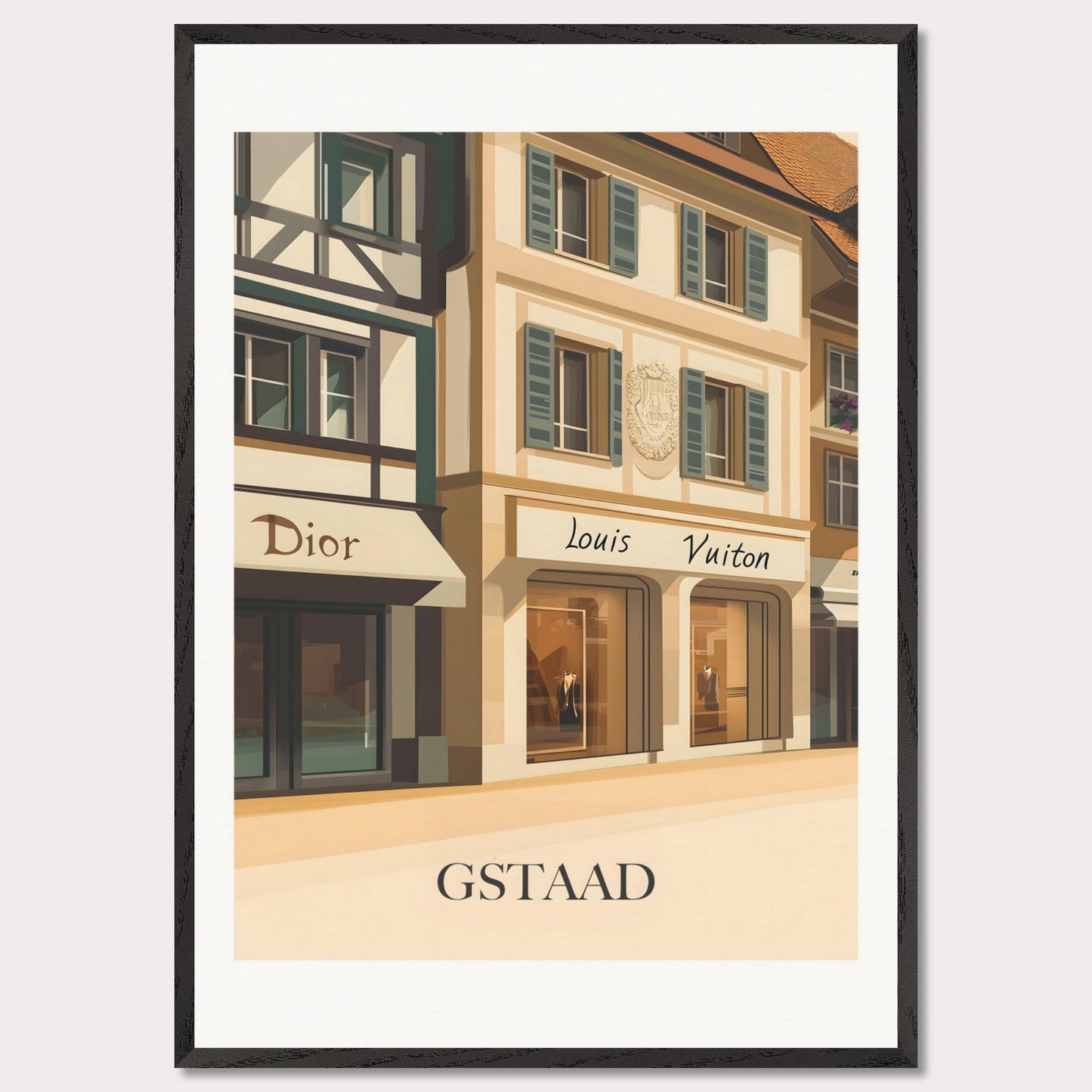 A beautifully illustrated poster showcasing Gstaad’s world-class shopping scene. The charming facades of Dior and Louis Vuitton boutiques reflect the town’s upscale ambiance.