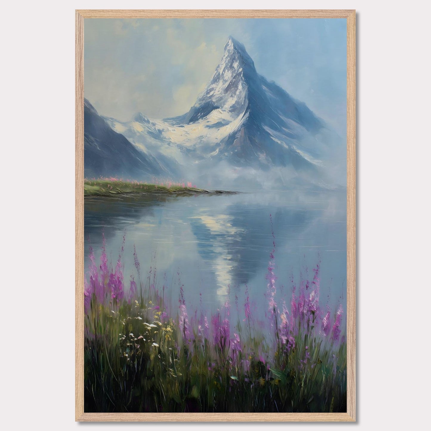 Snow-dusted Matterhorn rises over a lake fringed with fireweed in bloom. Reflections shimmer, colors merge in peace. This image is a mountain hush, an ode to bloom, ice, and awe.