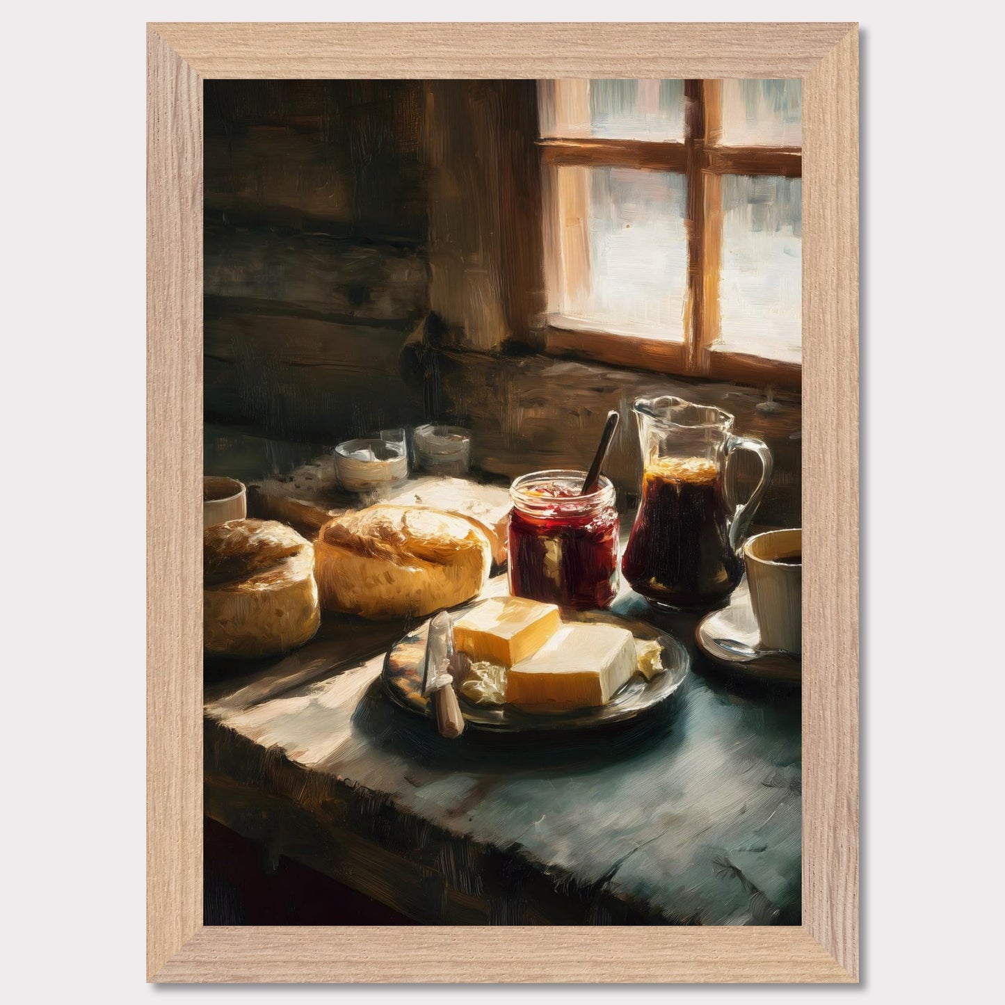 A rustic table holds fresh bread, butter, jam, and coffee beside a glowing window. Steam rises gently from the cup. This image is a quiet start, an ode to taste, ritual, and comfort.