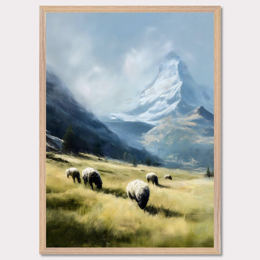 In the shadow of the Matterhorn, sheep graze peacefully on sunlit fields. This pastoral scene blends the grandeur of the Alps with the charm of rural life. The softness of the animals and golden grass contrasts beautifully with the snow-covered majesty above.